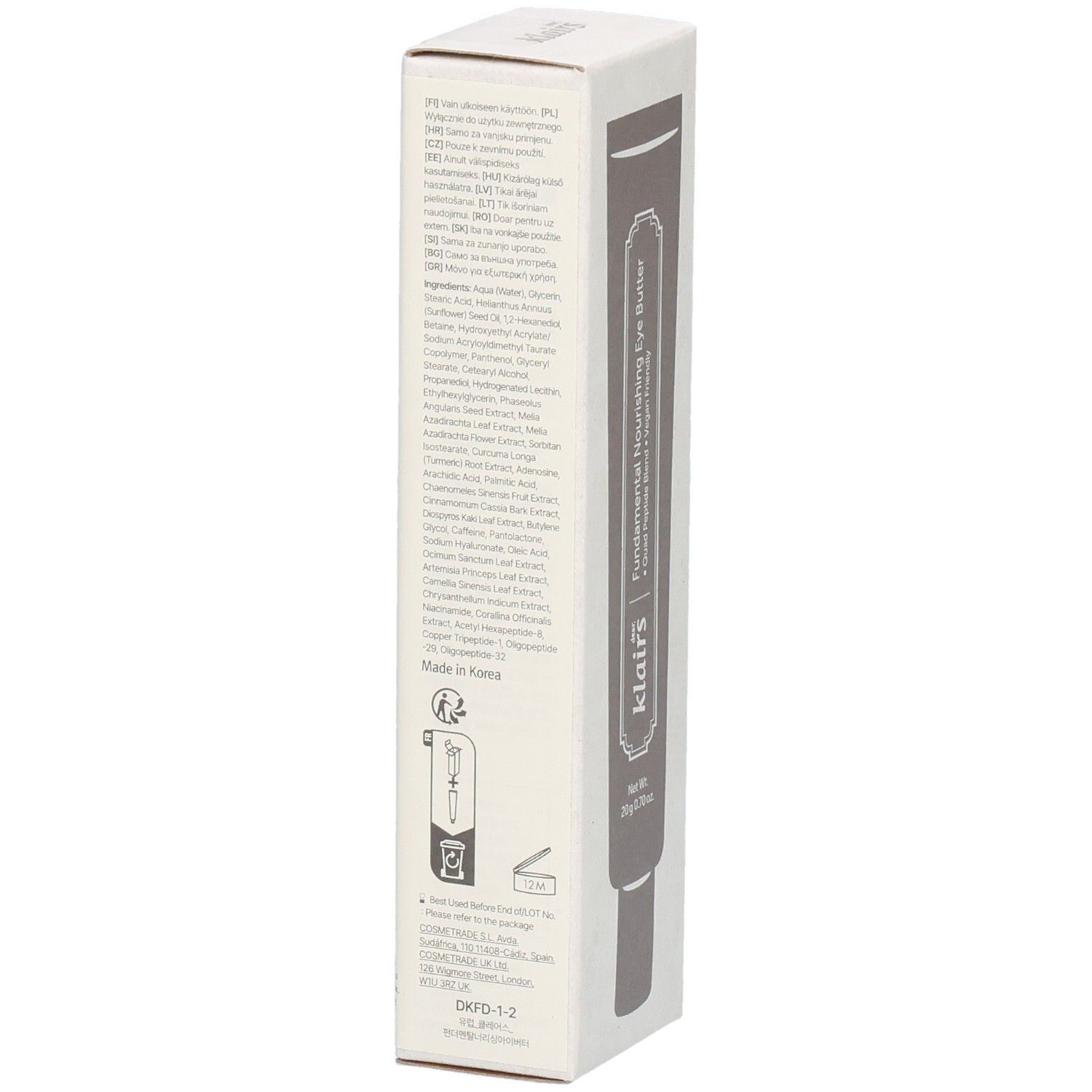 Boîte en carton, vue latérale. Texte avec ingrédients et informations sur le fabricant. Illustration d'un tube. Inscription : « dear, klairs » et « Fundamental Nourishing Eye Butter ».