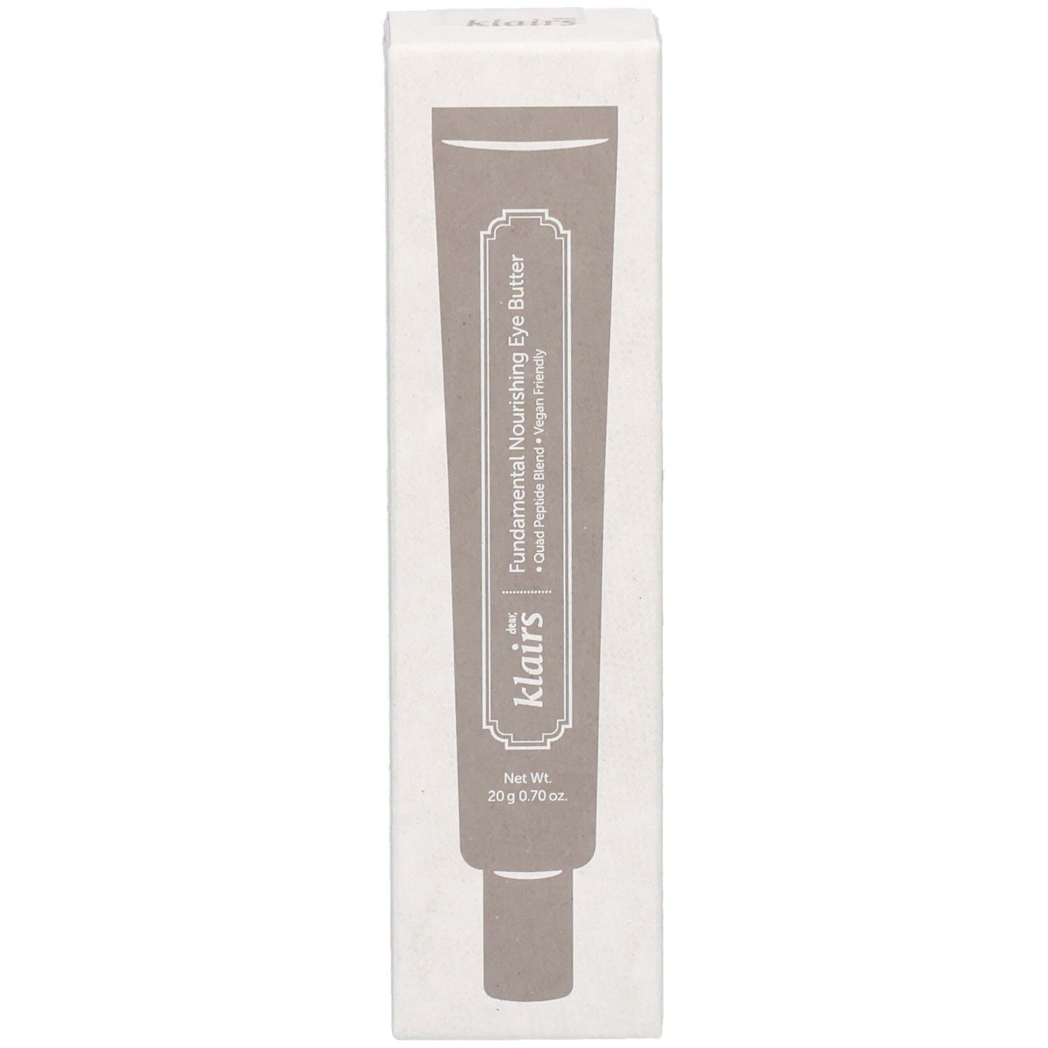 Boîte en carton avec illustration du produit. Inscription : « Fundamental Nourishing Eye Butter » et « dear, klairs ». Contenu net : 20 g / 0,70 oz.