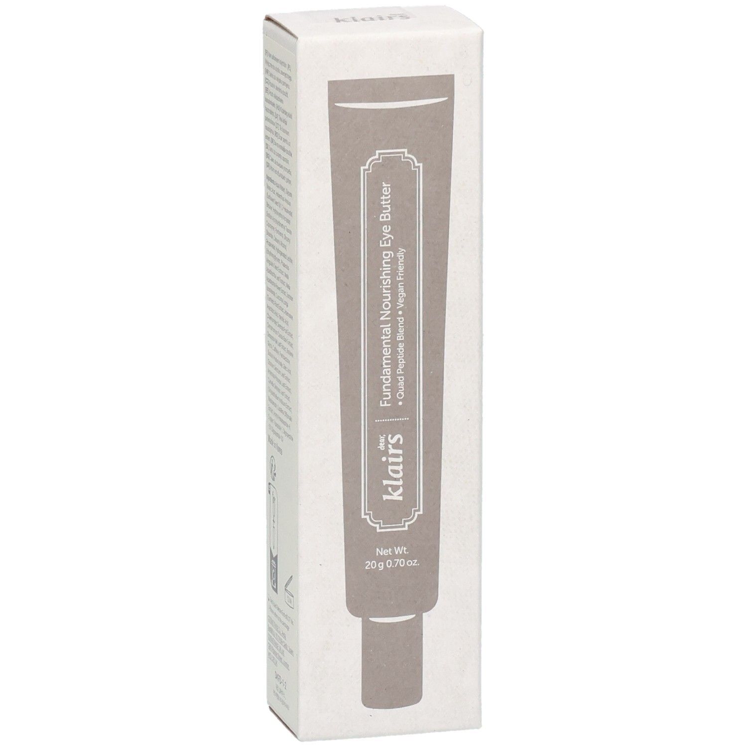 Boîte en carton avec illustration du produit. Inscription : « Fundamental Nourishing Eye Butter » et « dear, klairs ». Contenu net : 20 g / 0,70 oz.