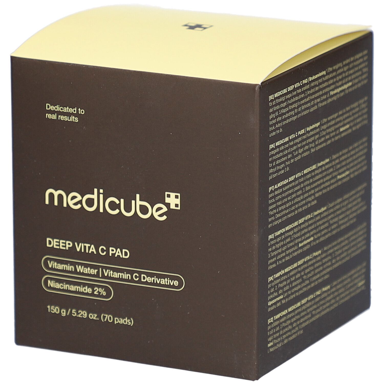 Bruine doos met gele deksel. Opschrift: medicube, DEEP VITA C PAD, Vitamin Water, Vitamin C Derivative, Niacinamide 2%.