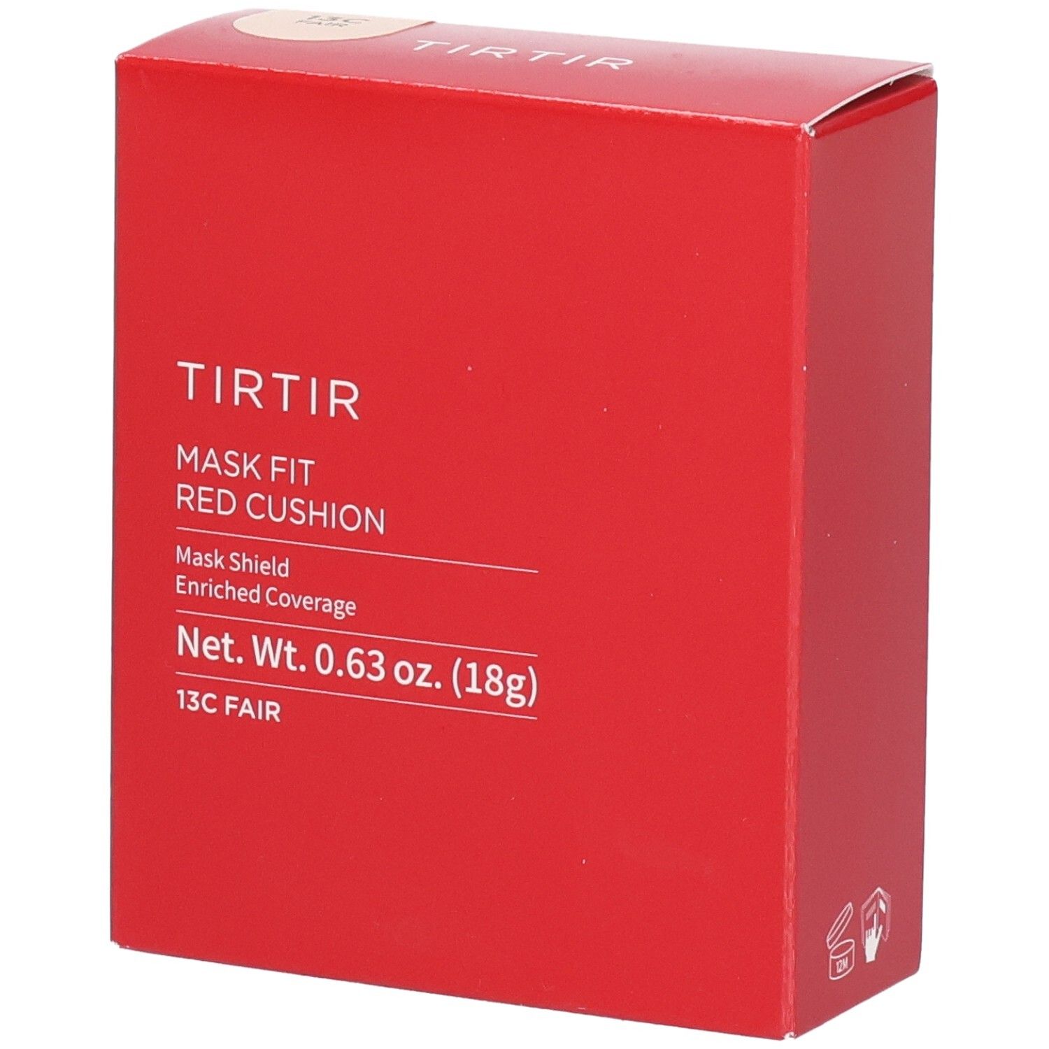 Boîte rouge carrée. Inscription : TIRTIR, Mask Fit Red Cushion, 13C Fair. Poids net : 0,63 oz. (18g).