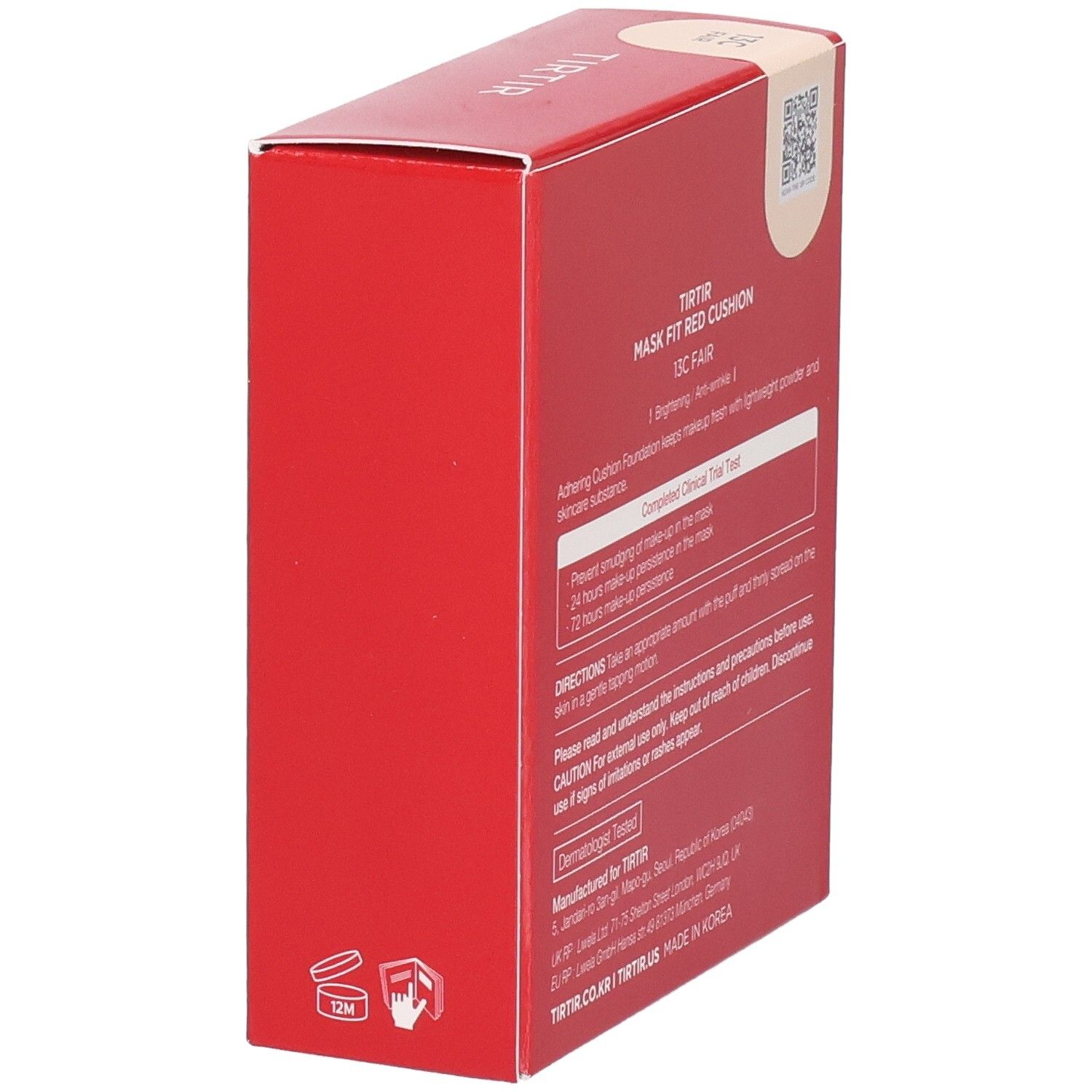 Emballage rouge avec texte. Inscription : TIRTIR, Mask Fit Red Cushion, 13C Fair. Poids net : 0,63 oz. (18g).