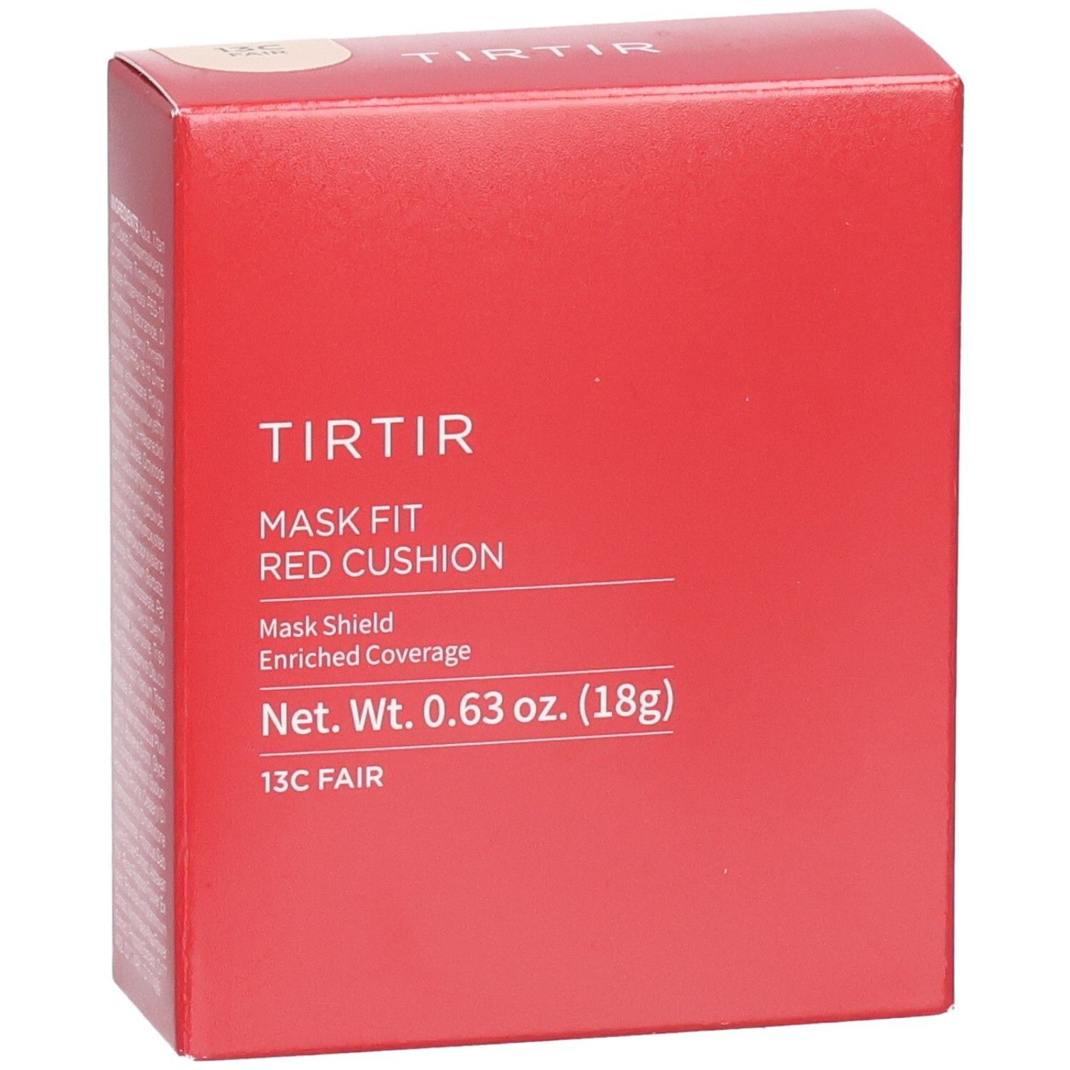 Boîte rouge carrée. Inscription : TIRTIR, Mask Fit Red Cushion, 13C Fair. Poids net : 0,63 oz. (18g).