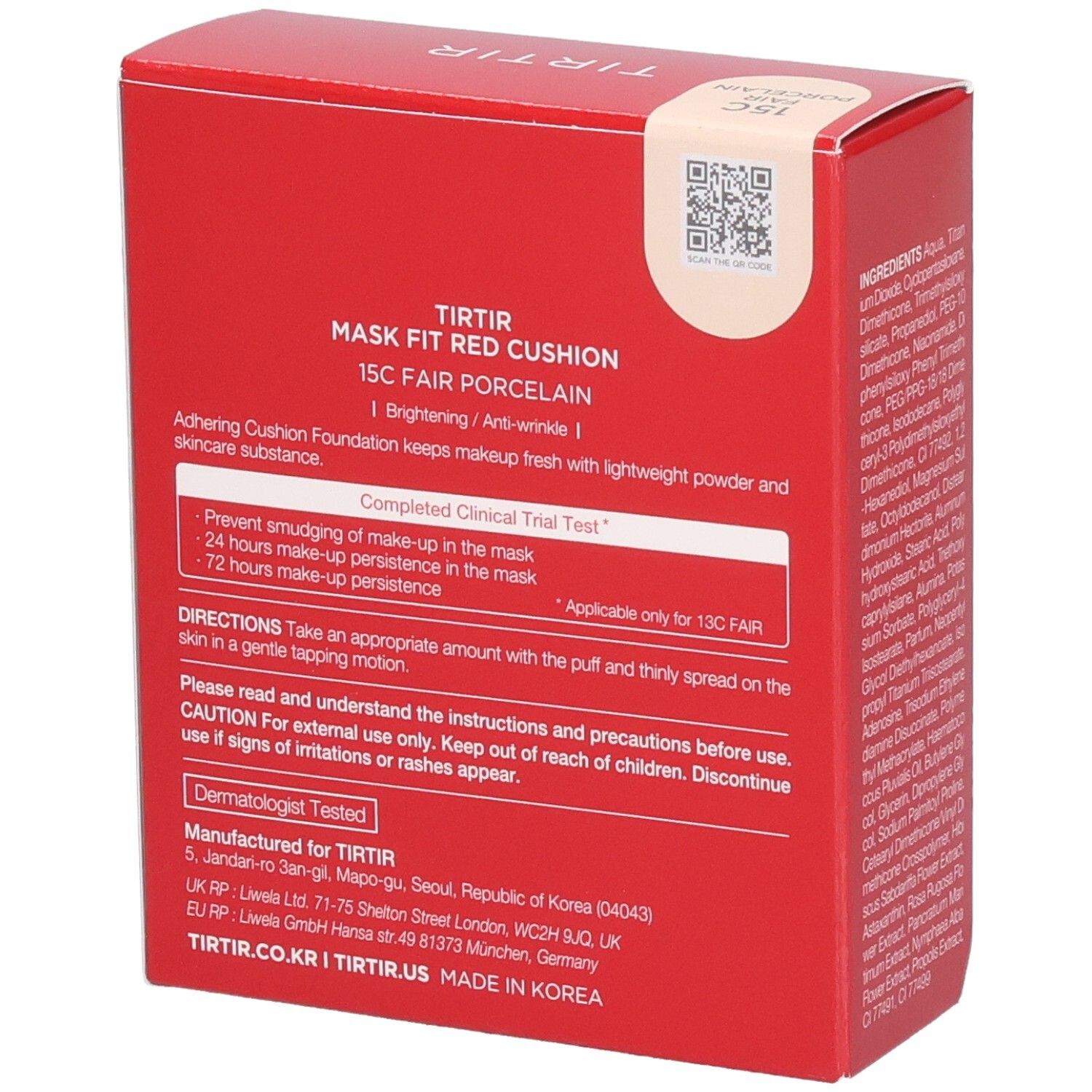 Emballage rouge avec texte. Texte: TIR TIR, Mask Fit Red Cushion, 15C Fair Porcelain. Informations d'utilisation.