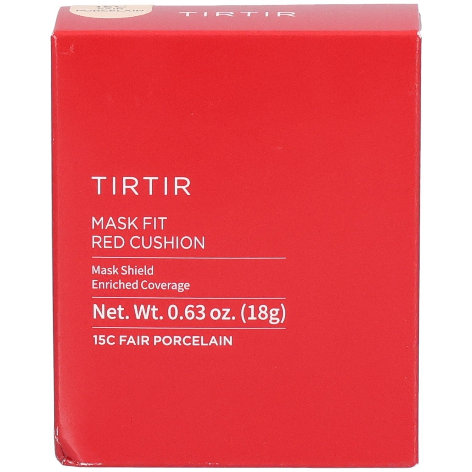 Boîte rouge carrée. Texte: TIR TIR, Mask Fit Red Cushion, 15C Fair Porcelain. Poids net 0,63 oz. (18g).