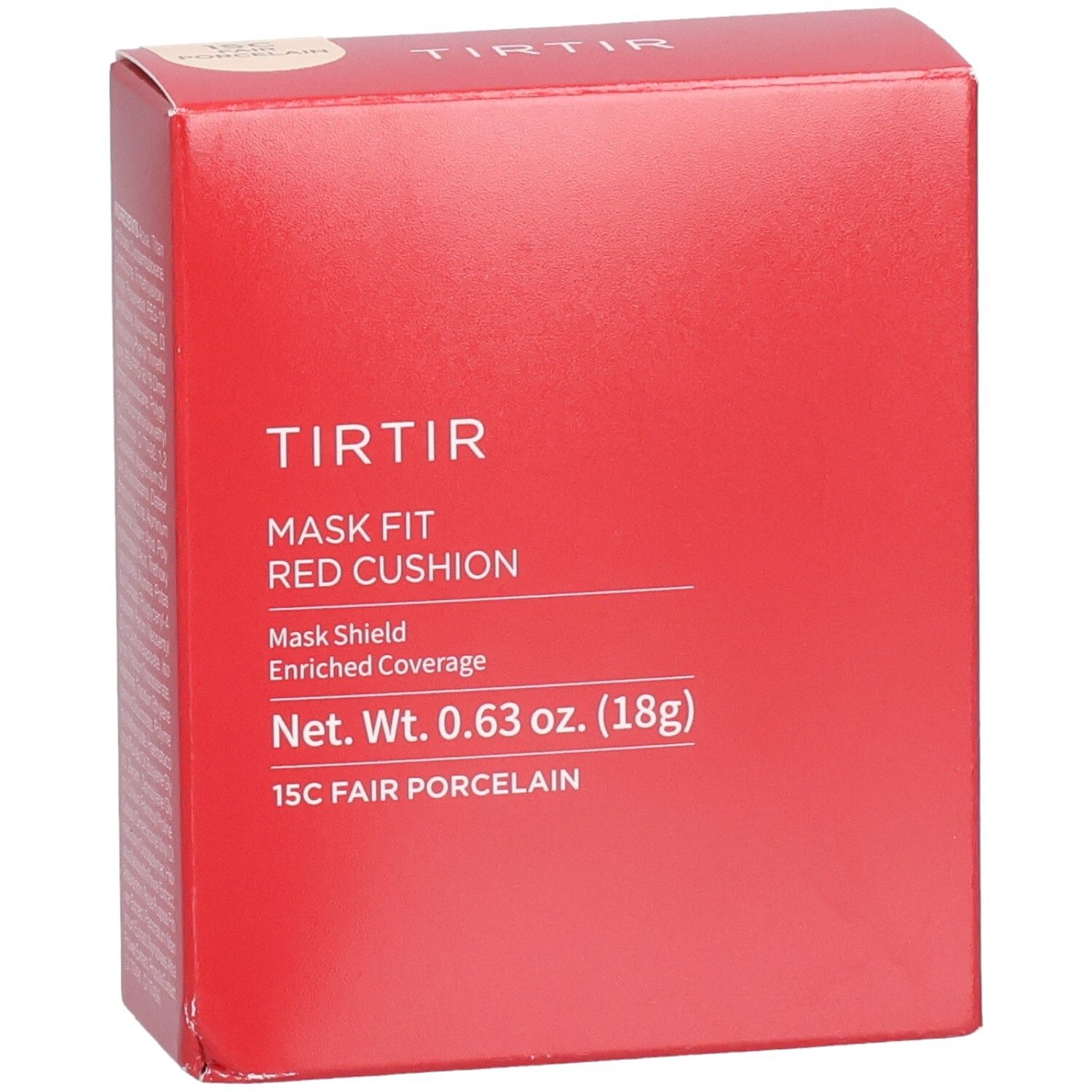 Boîte rouge carrée. Texte: TIR TIR, Mask Fit Red Cushion, 15C Fair Porcelain. Poids net 0,63 oz. (18g).