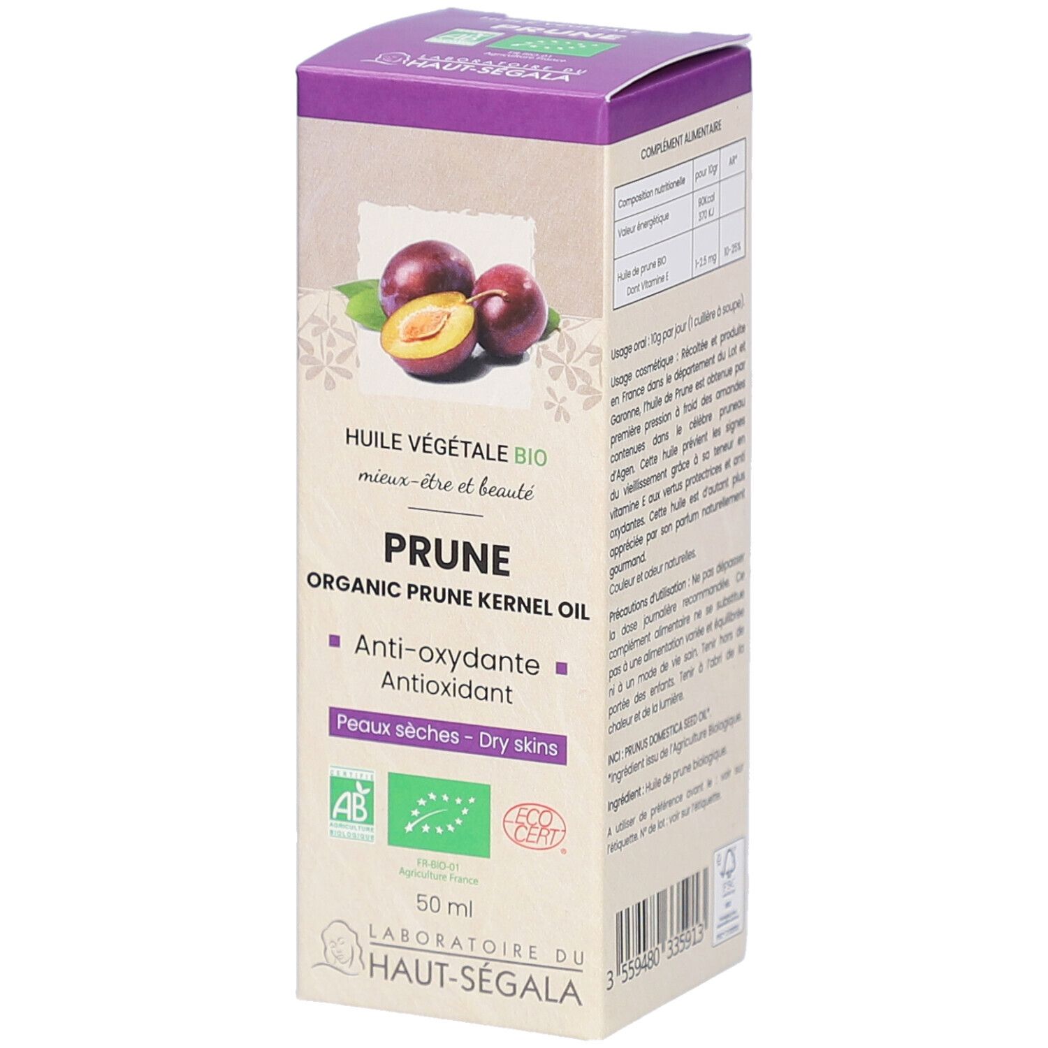 Doos met productafbeelding. Opschrift: PRUNE, Organic Prune Kernel Oil. Certificeringen: AB, Bio, Ecocert. 50 ml.