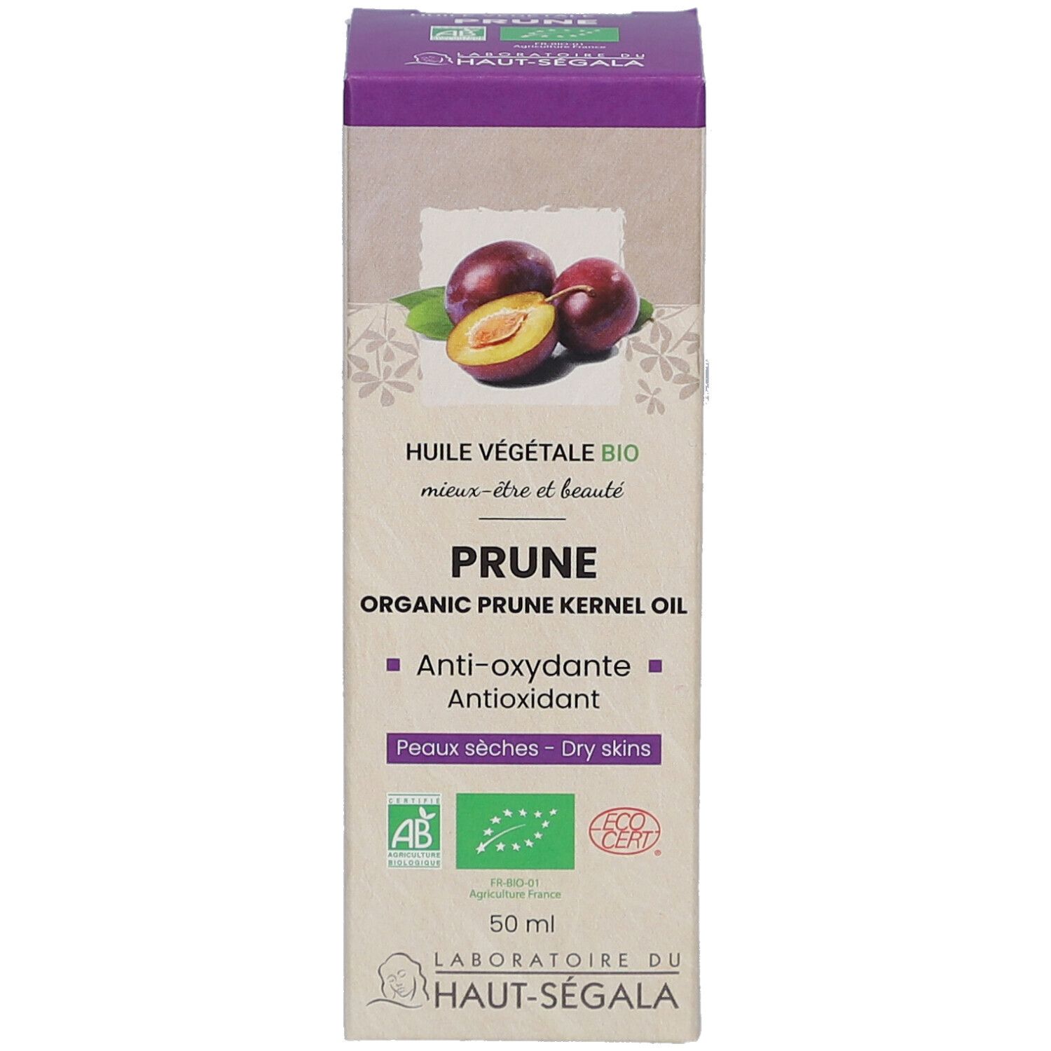 Verpakking met afbeelding van pruimen. Opschrift: PRUNE, Organic Prune Kernel Oil. Certificeringen: AB, Bio, Ecocert.