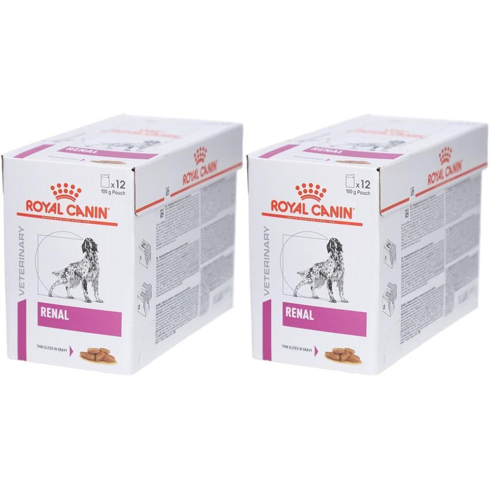 Twee dozen ROYAL CANIN Veterinary Diet Renal. Opdruk: hond, tekst, logo. Verpakking met 12 zakjes.