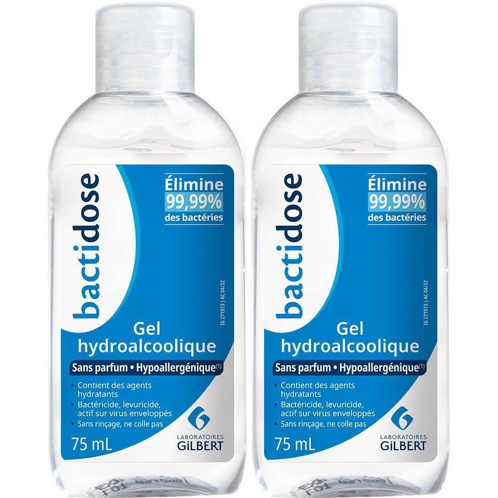 Deux flacons de gel hydroalcoolique Bactidose. Inscription : Élimine 99,99% des bactéries. 75 ml. Laboratoires Gilbert.