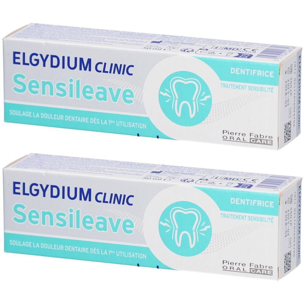 Deux boîtes de dentifrice. Inscription: ELGYDIUM CLINIC Sensileave. Symbole de dent. Pierre Fabre Oral Care.