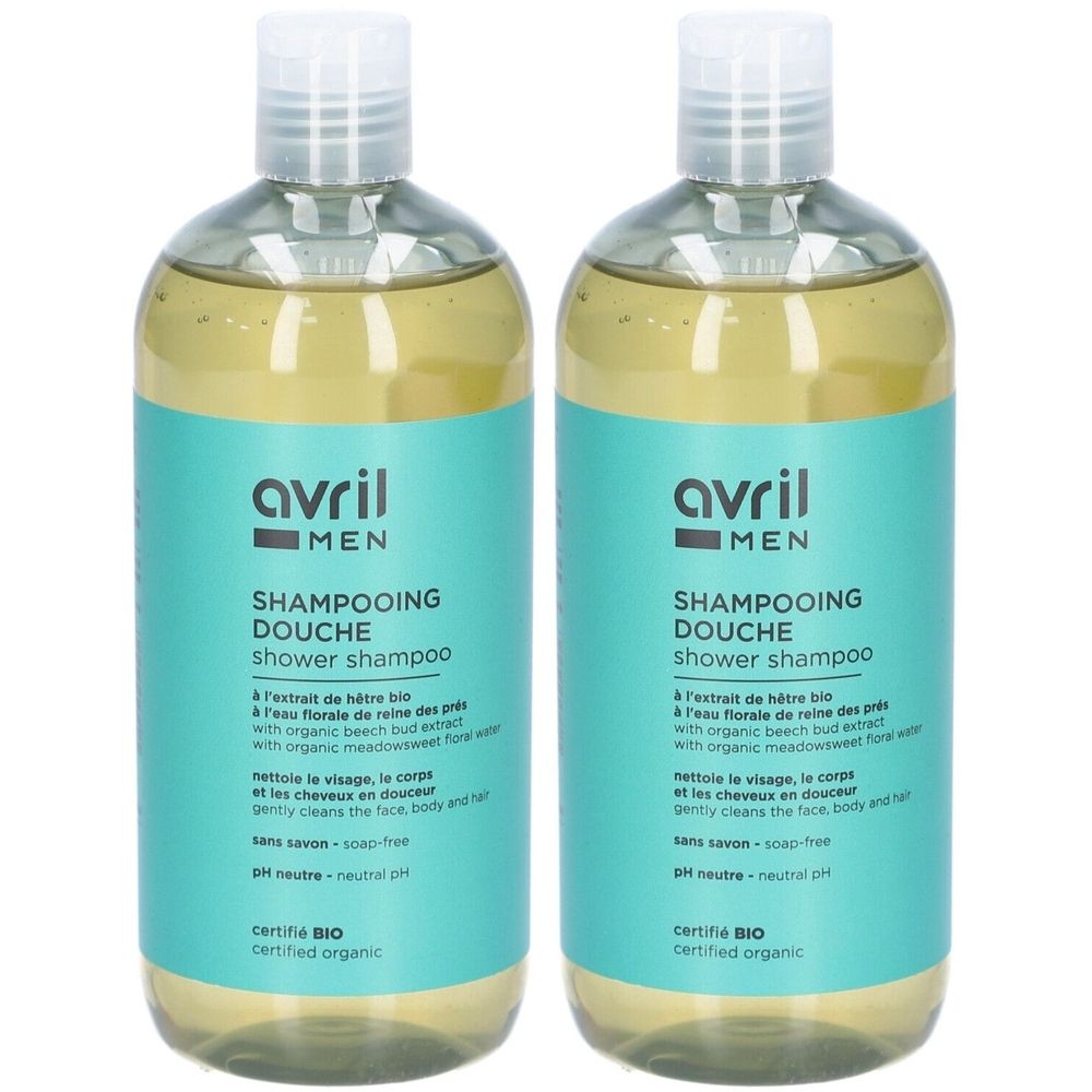 Twee flessen Shampooing Douche. Turquoise etiketten met witte tekst. Merk: Avril Men. Gecertificeerd biologisch label. Transparante vloeistof.