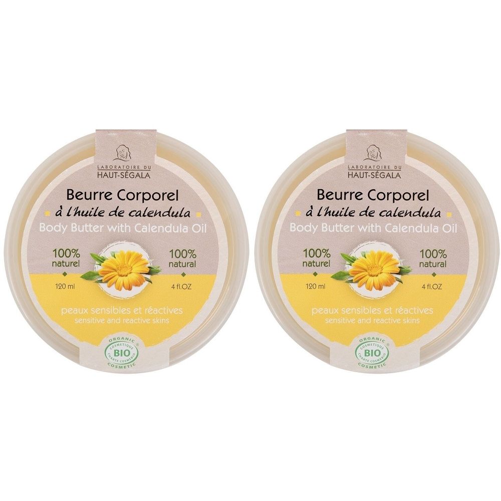 Twee potten bodybutter met calendulaolie. 100% natuurlijk, voor gevoelige huid.