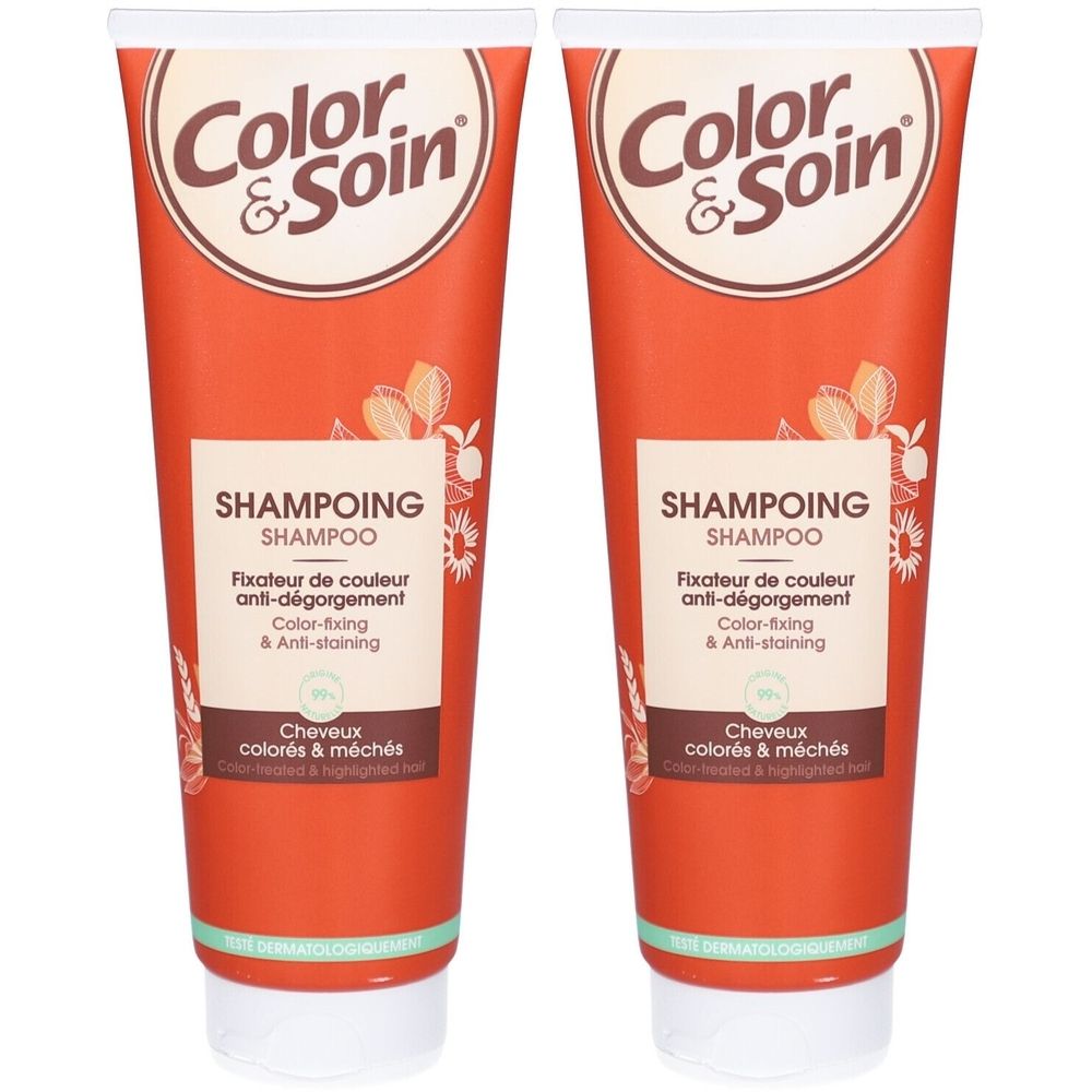 Deux tubes de shampooing. Inscription: Color & Soin, SHAMPOING, Fixateur de couleur anti-dégorgement. Pour cheveux colorés.