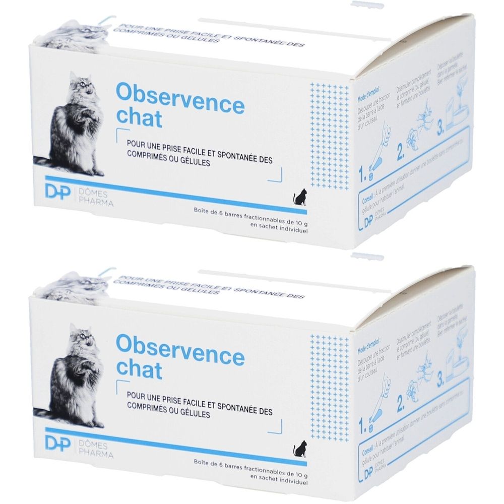 Twee witte dozen met "Observence chat". Afbeelding kat, tekst en logo Dômes Pharma. Instructies op de zijkant.