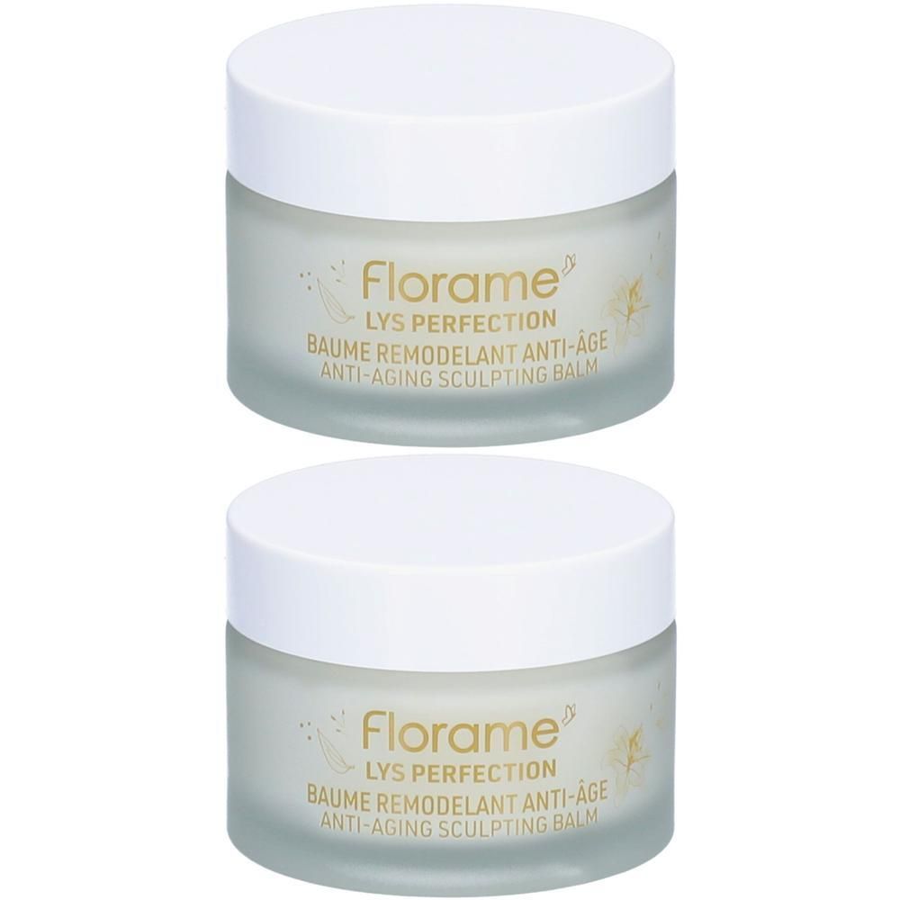 Twee potjes met witte deksels. Opschrift: Florame, LYS PERFECTION, Baume Remodelant Anti-Âge, Anti-Aging Sculpting Balm.