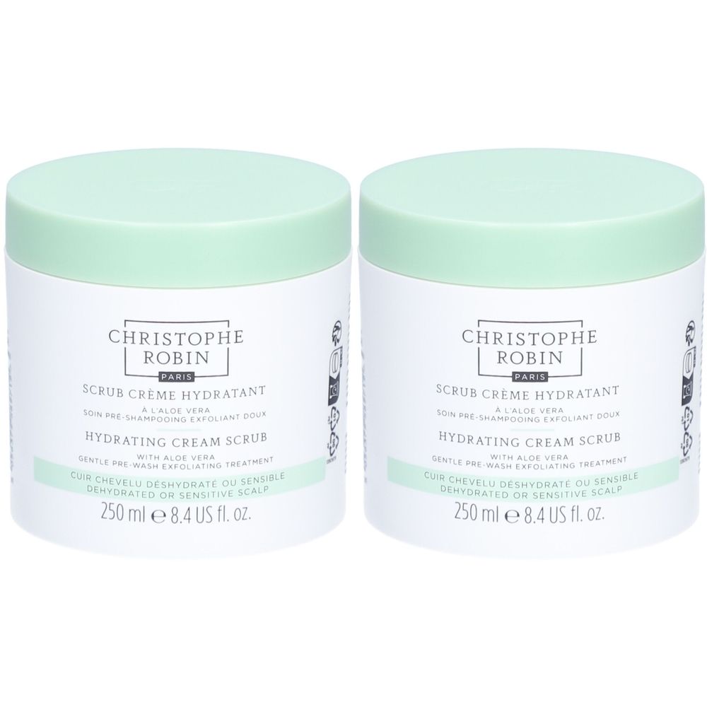 Twee potten Christophe Robin Hydrating Cream Scrub met Aloë Vera, 250 ml.
