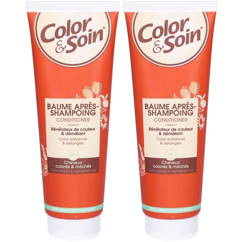 Deux tubes de Baume Après-Shampoing Color & Soin. Tubes orange avec bouchon blanc. Texte : Baume Après-Shampoing, Conditioner.