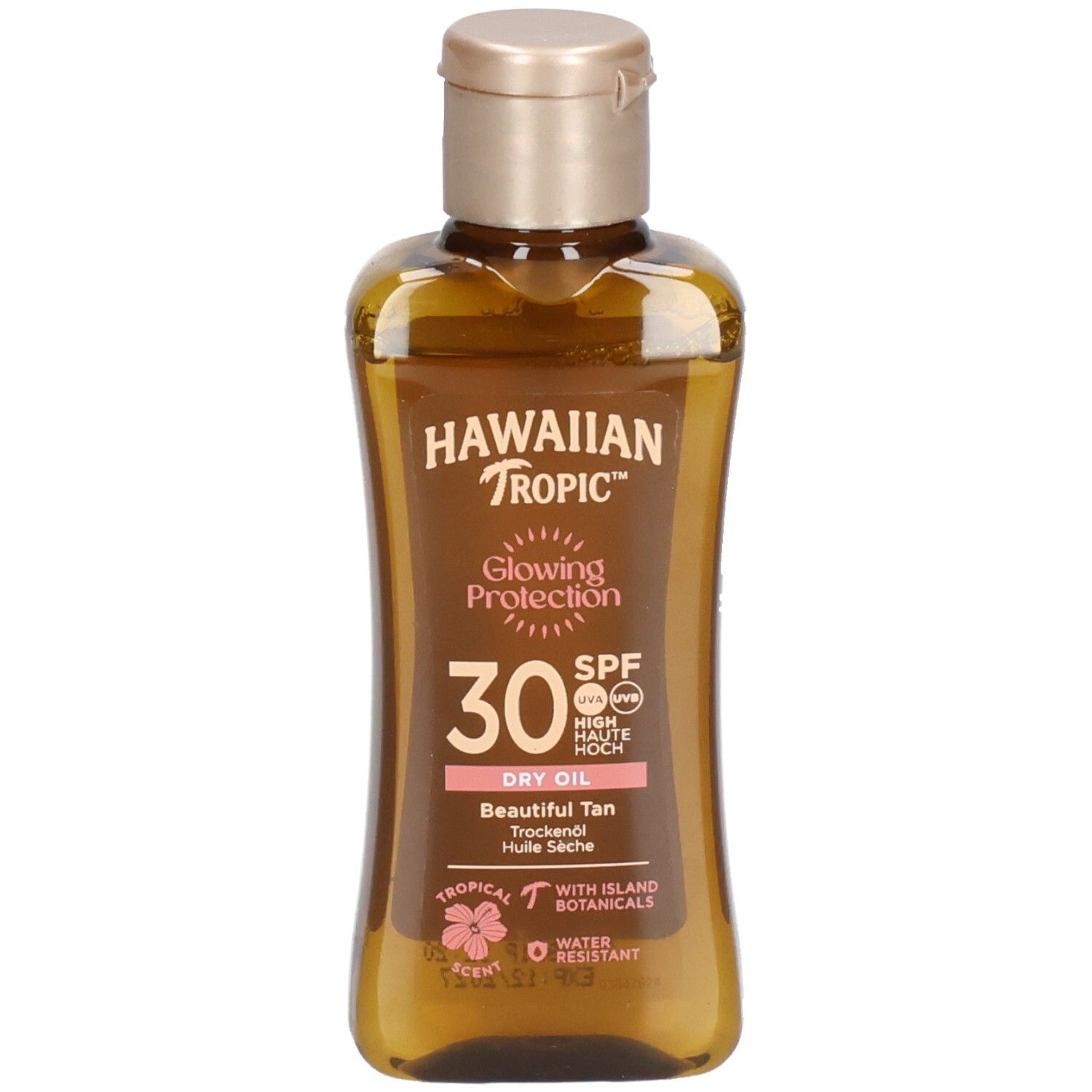 Bruine fles met gouden dop. Opschrift: Hawaiian Tropic, Glowing Protection, SPF 30, Dry Oil. Tropisch design.
