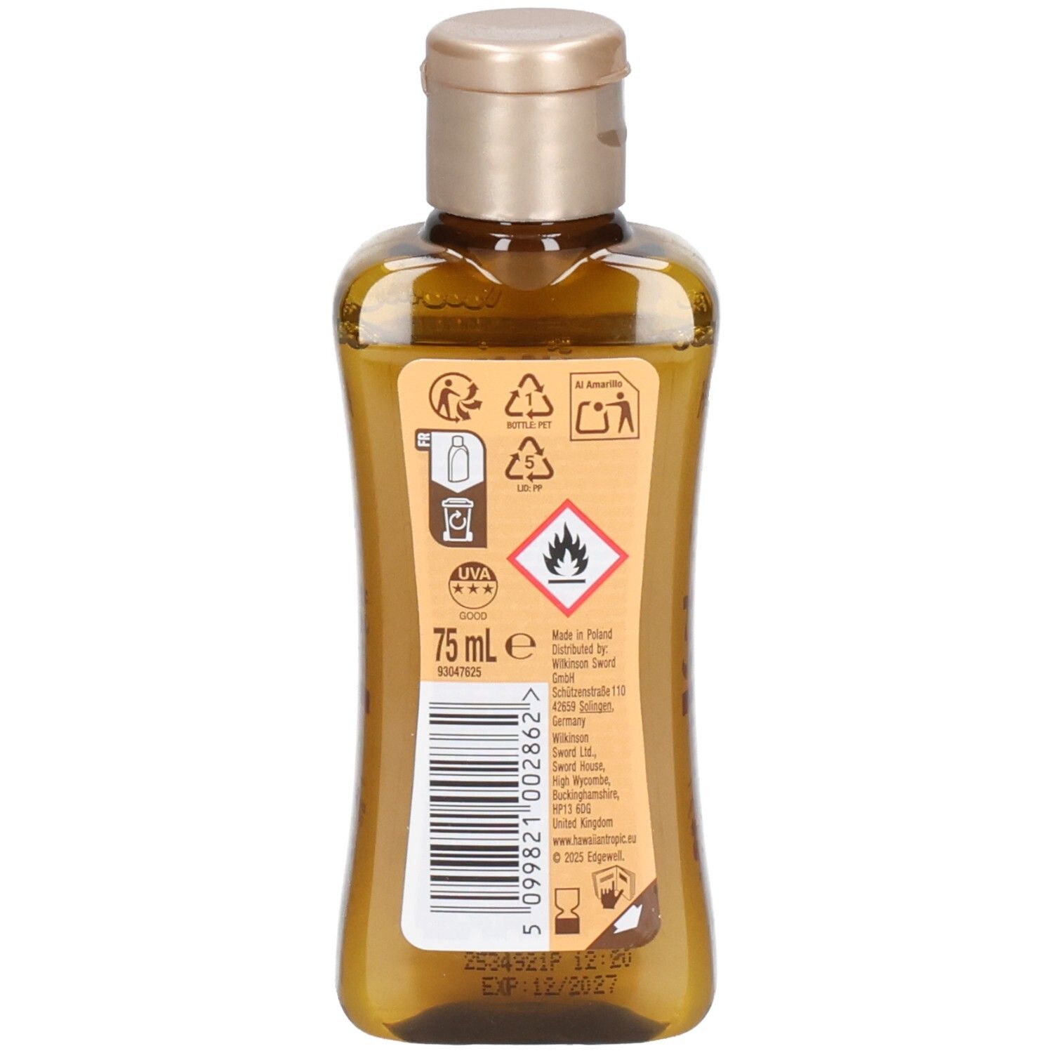 Achterkant van de bruine fles. Bevat informatie over ingrediënten, waarschuwingen en recycling symbolen. Volume: 75 ml.