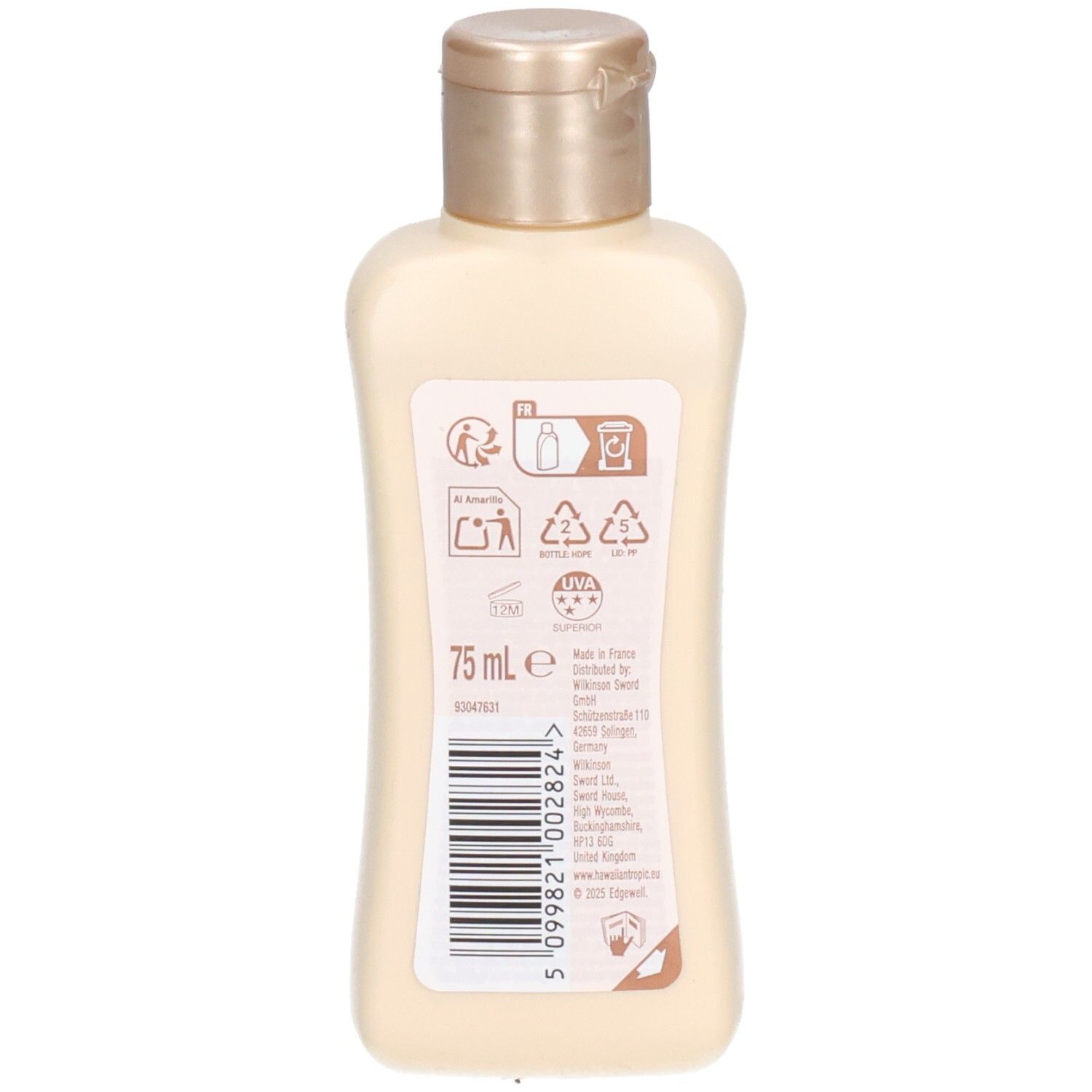 Achterkant van de lotionfles. Bevat informatie over ingrediënten, recycling en volume. Barcode en tekst.