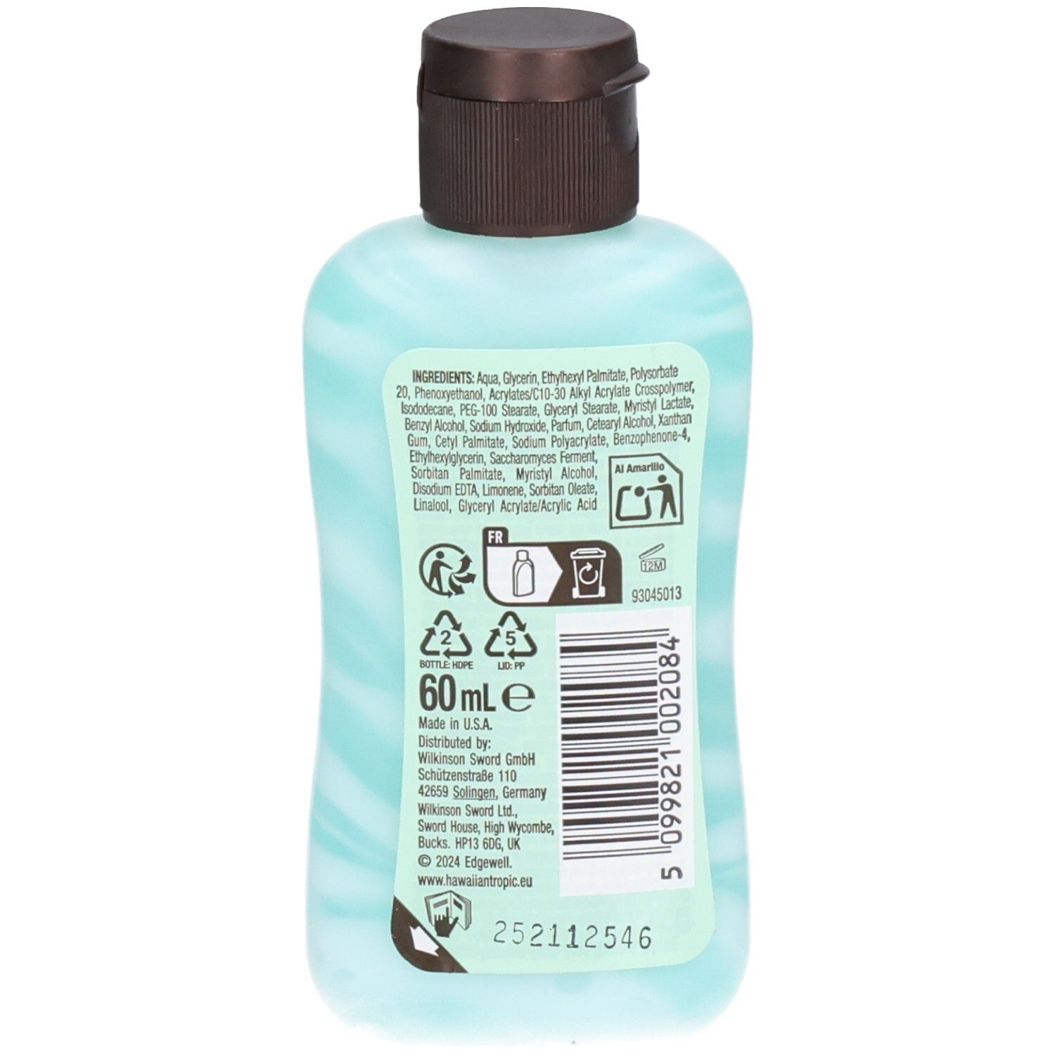 Dos du flacon. Contient ingrédients, symboles de recyclage et 60 ml. Avec code-barres et informations fabricant.