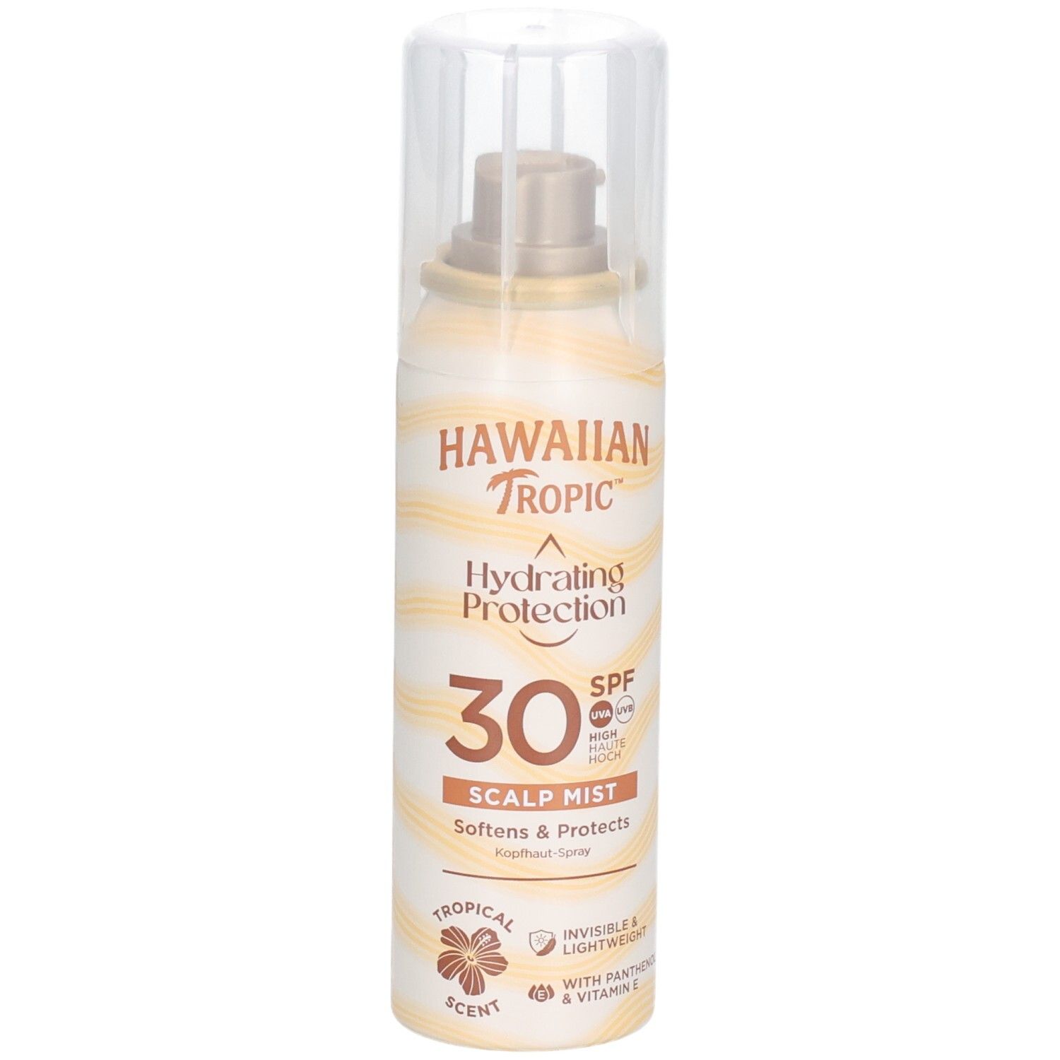 HAWAIIAN Tropic Hydrating Protection 30 SPF Scalp Mist. Flacon beige avec bouchon et capuchon transparent. Parfum tropical.