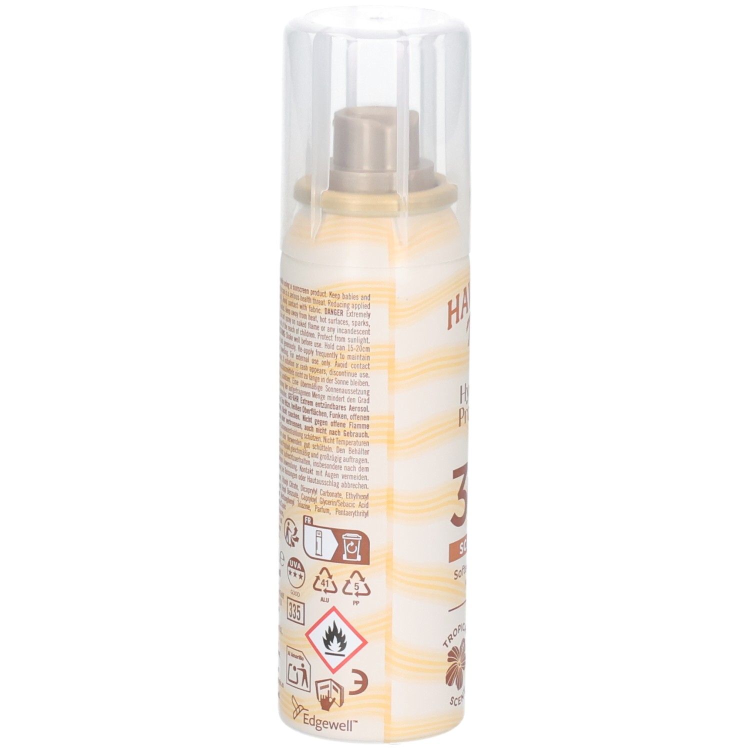 HAWAIIAN Tropic Hydrating Protection 30 SPF Scalp Mist. Dos du flacon avec texte et symboles. Tons beige et jaune.