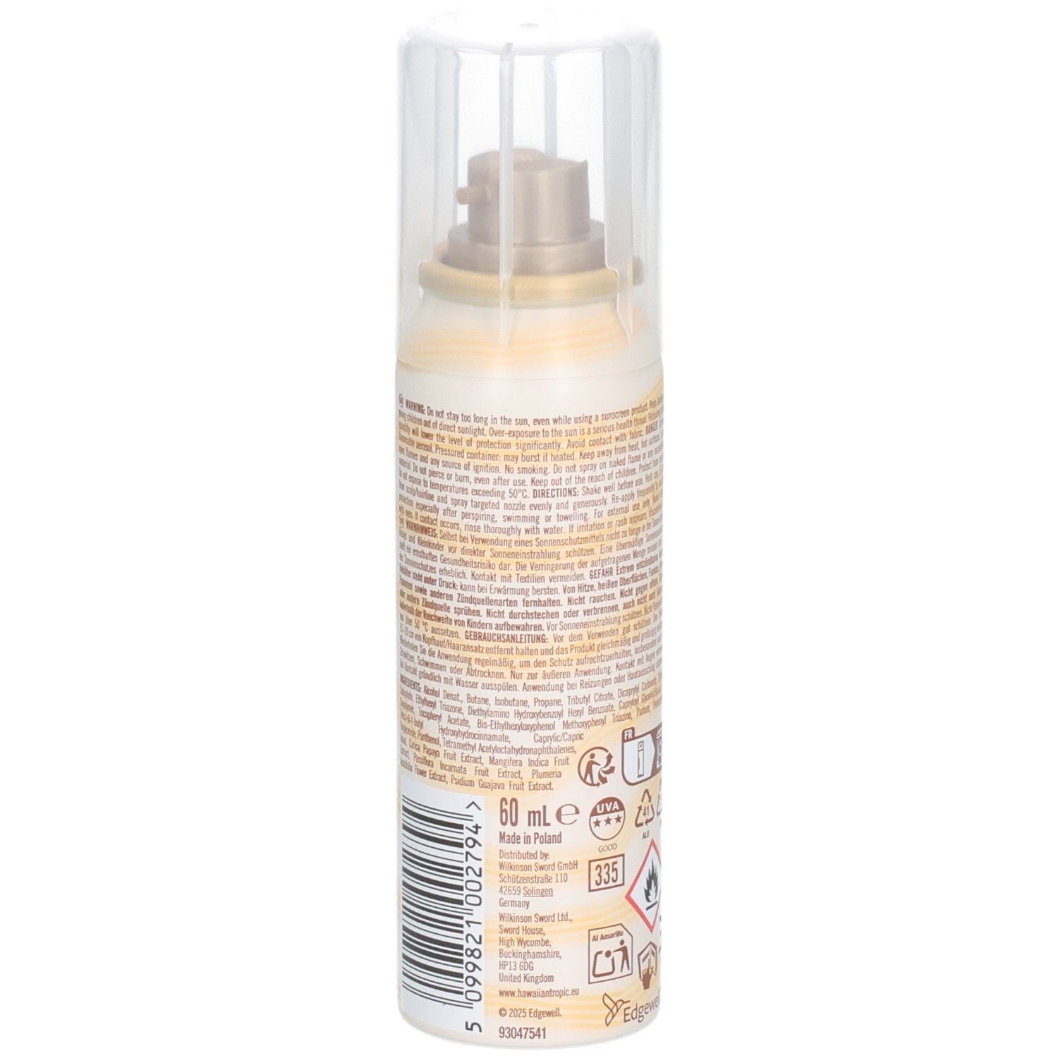 HAWAIIAN Tropic Hydrating Protection 30 SPF Scalp Mist. Dos du flacon avec texte et symboles. 60 ml. Beige et jaune.