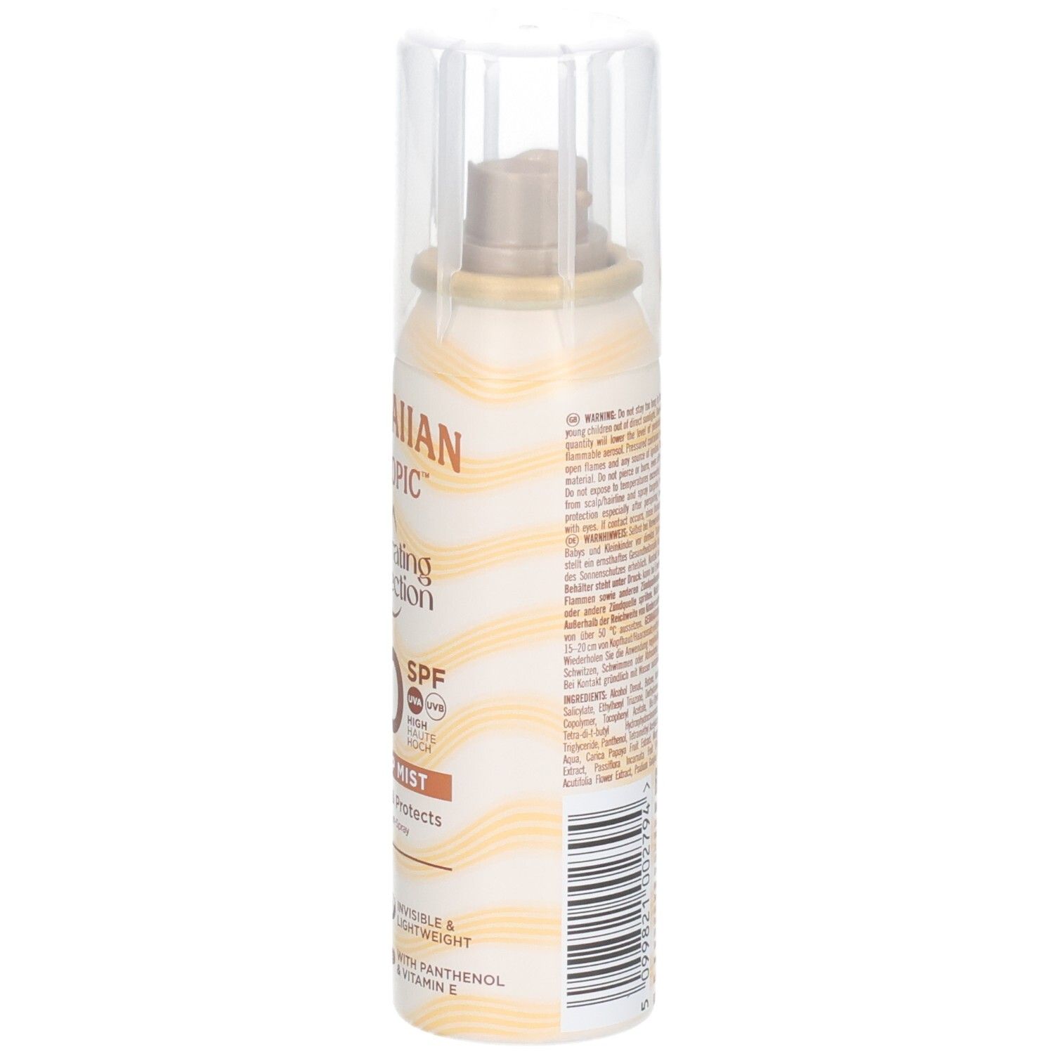 HAWAIIAN Tropic Hydrating Protection 30 SPF Scalp Mist. Flacon de côté. Tons beige et jaune. Bouchon transparent.