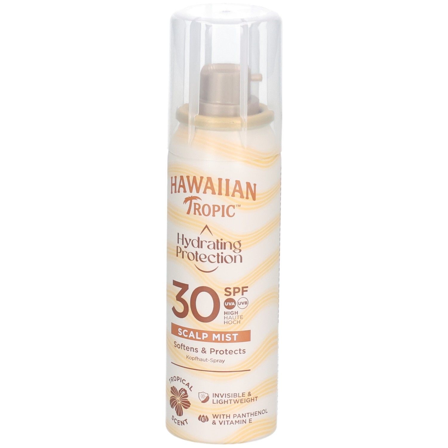 HAWAIIAN Tropic Hydrating Protection 30 SPF Scalp Mist. Flacon de face. Tons beige et jaune. Bouchon transparent.