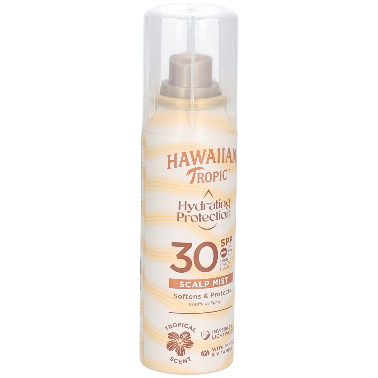 HAWAIIAN Tropic Hydrating Protection 30 SPF Scalp Mist. Flacon de face. Tons beige et jaune. Bouchon transparent.