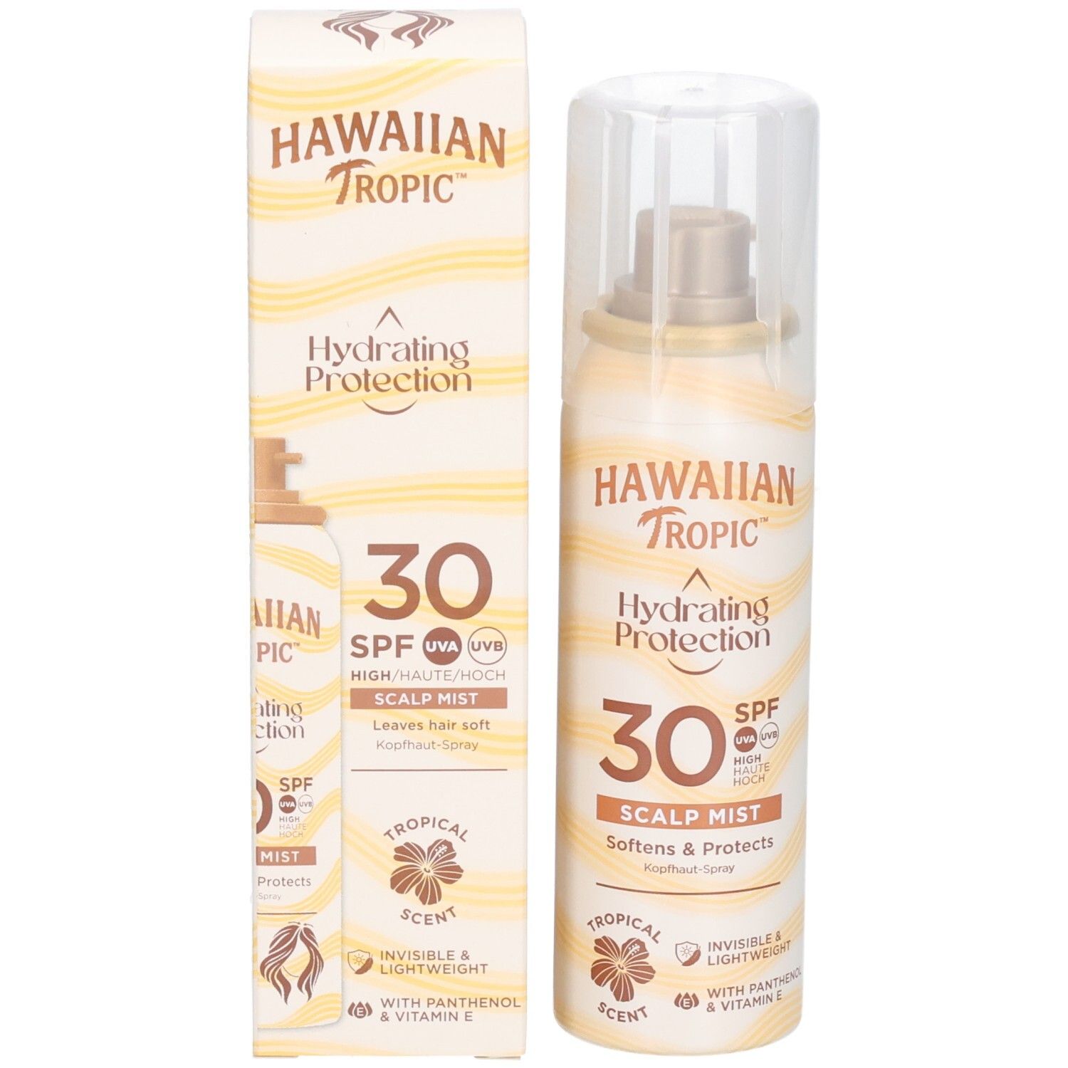 HAWAIIAN Tropic Hydrating Protection 30 SPF Scalp Mist et emballage. Tons beige et jaune. Bouchon transparent.