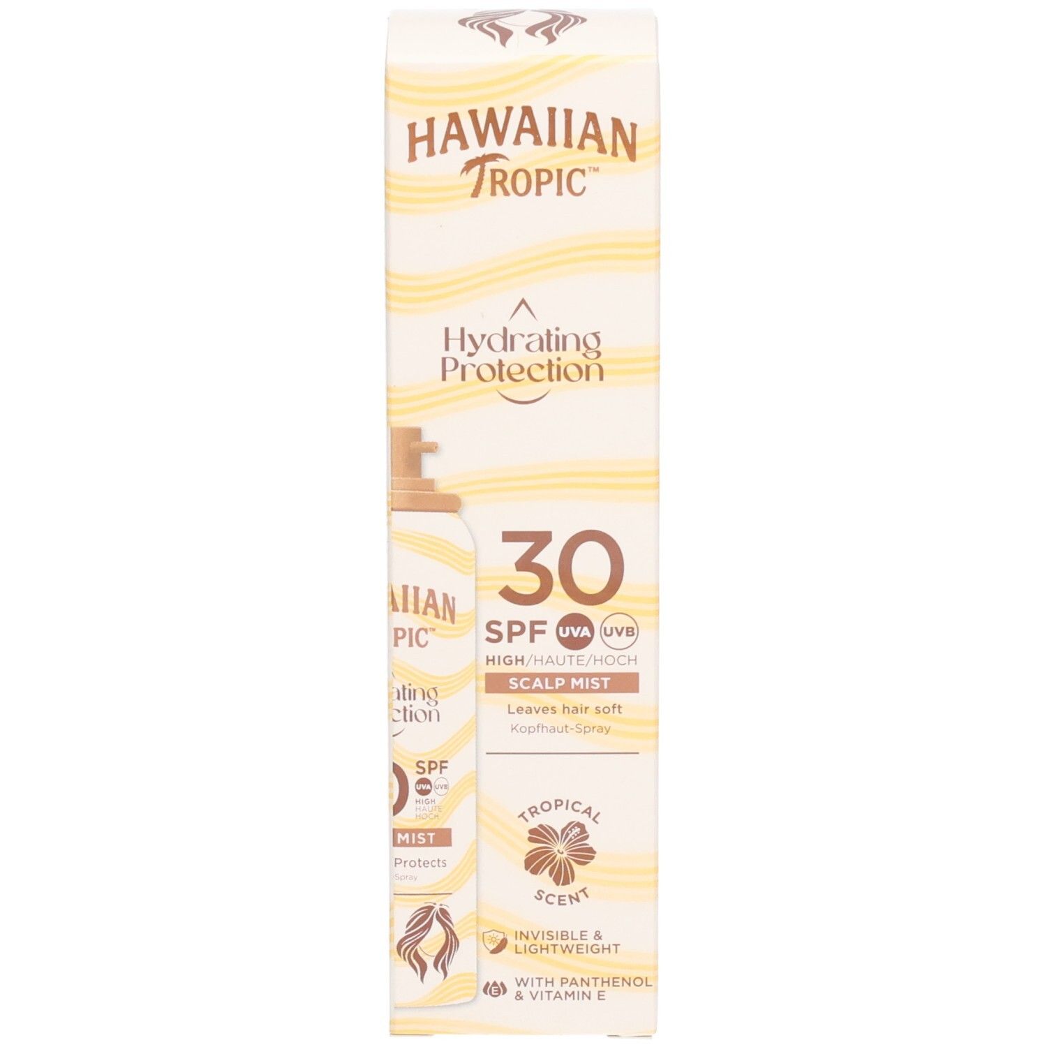 HAWAIIAN Tropic Hydrating Protection 30 SPF Scalp Mist et emballage. Emballage avec texte et image du produit.