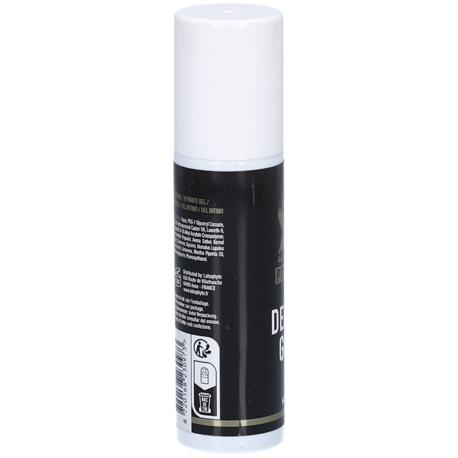 Achterkant van de Xpower Delay Gel fles met ingrediënten en gebruiksaanwijzing.