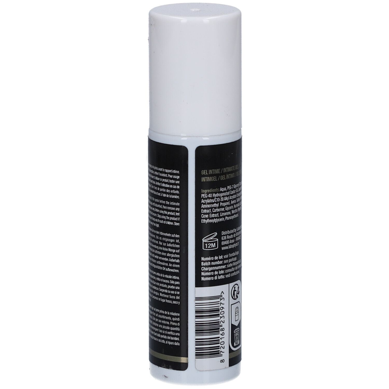 Zijaanzicht van de Xpower Delay Gel fles met barcode en houdbaarheidsdatum.