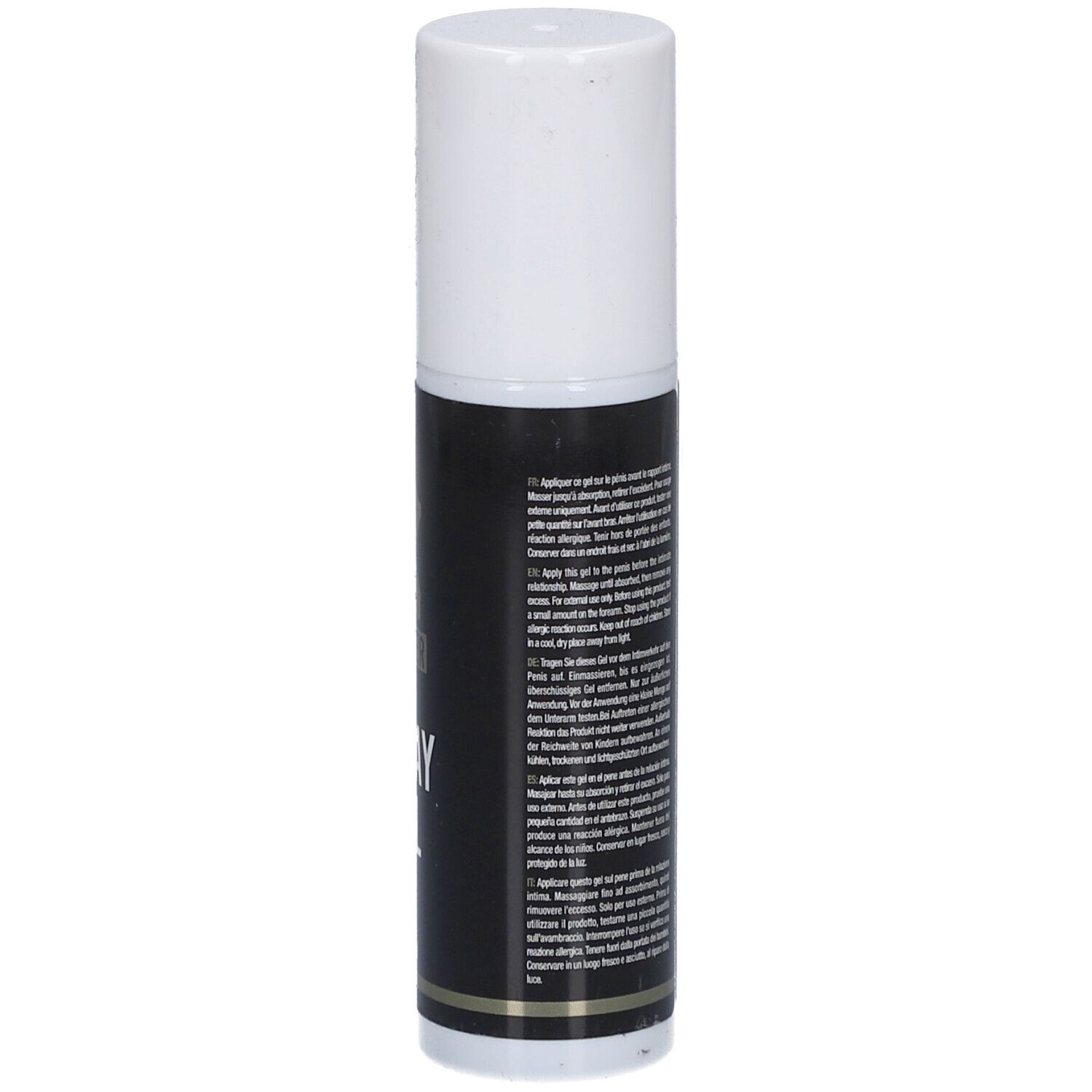 Achterkant van de Xpower Delay Gel fles met meertalige gebruiksaanwijzing.