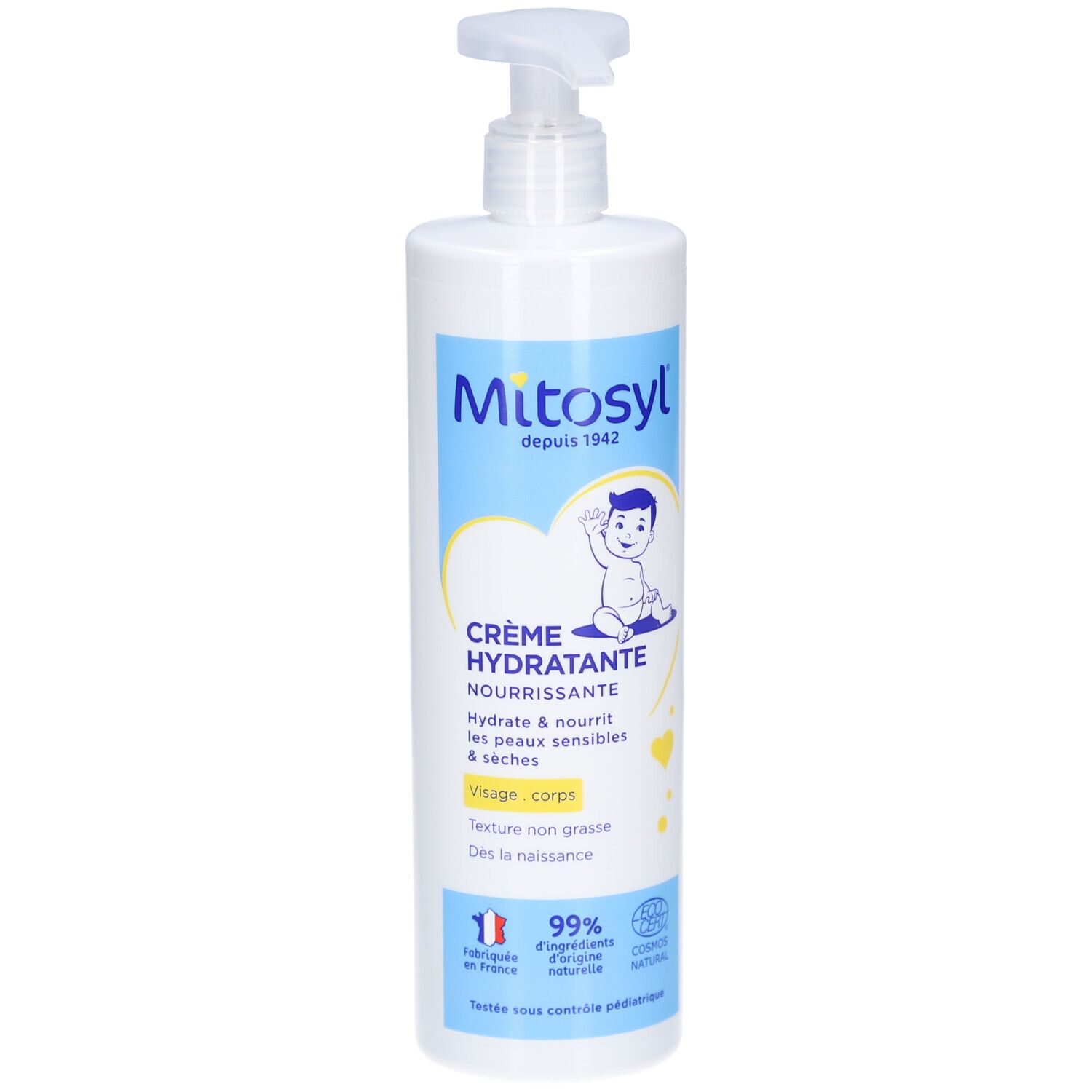 Witte fles met pomp. Opschrift: Mitosyl Crème Hydratante Nourrissante. Bevat een babysymbool en Franse teksten.