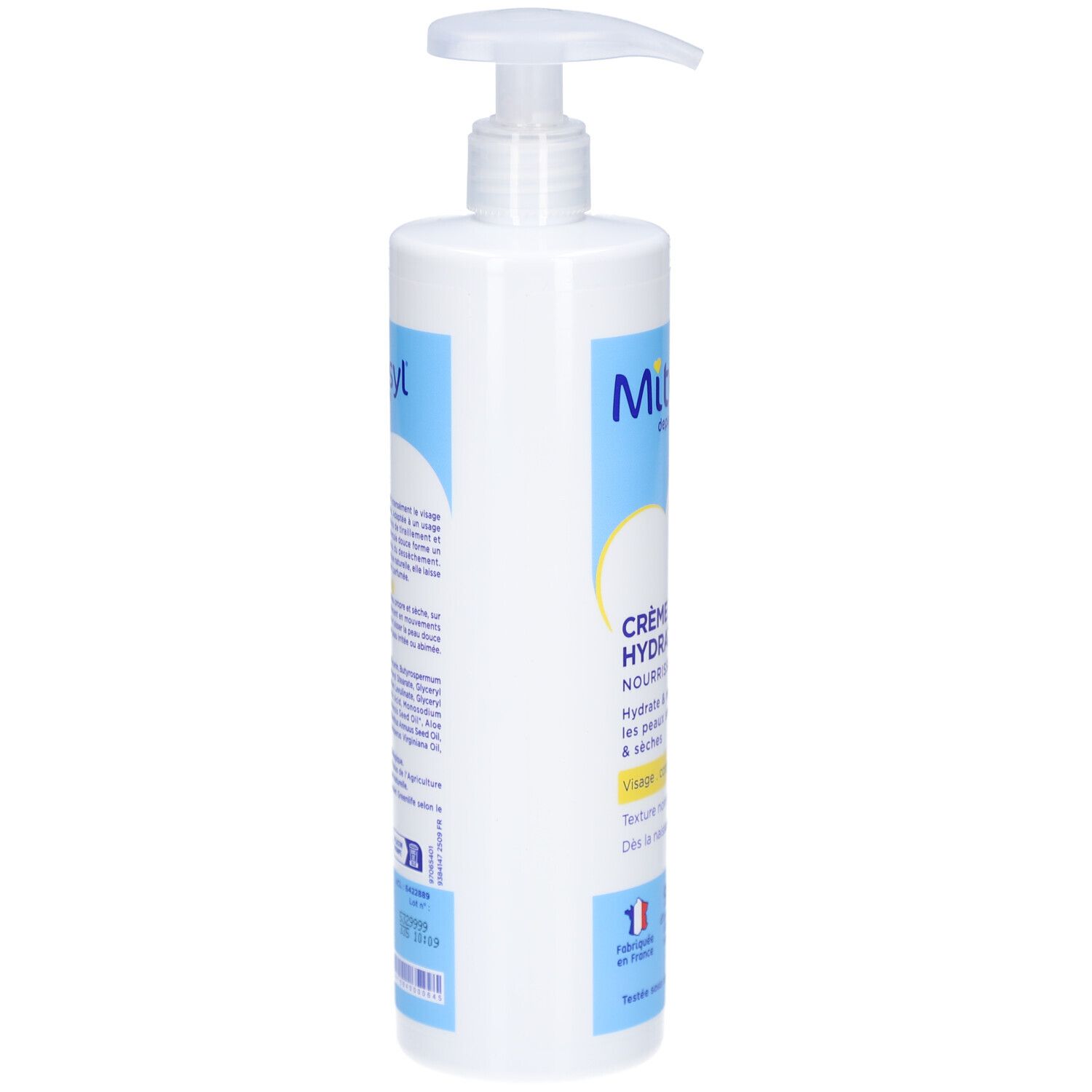 Witte fles met pomp. Franse tekst op de zijkant. Bevat informatie over het product.