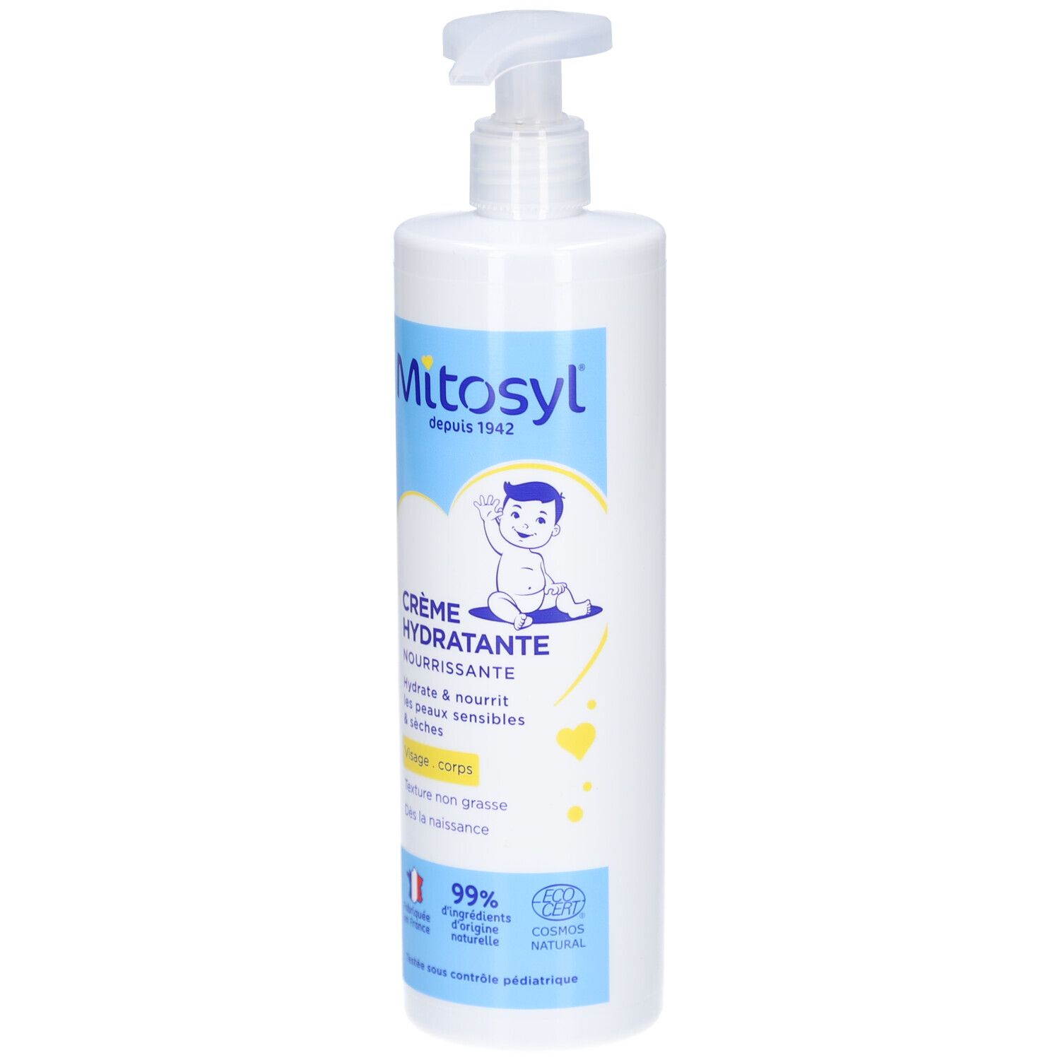 Witte fles met pomp. Opschrift: Mitosyl Crème Hydratante Nourrissante. Bevat een babysymbool en Franse teksten.