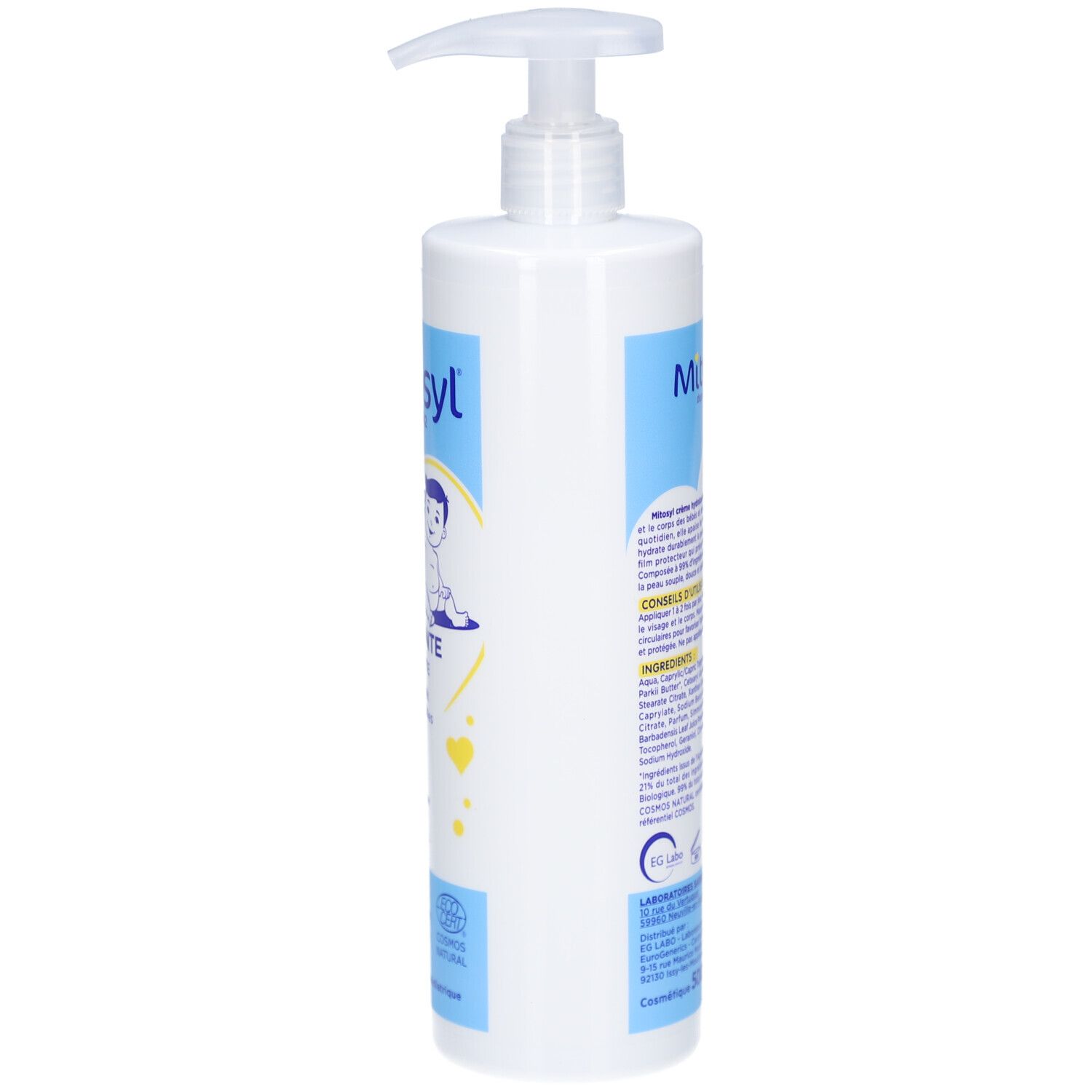 Witte fles met pomp. Franse tekst op de zijkant. Bevat informatie over het product.