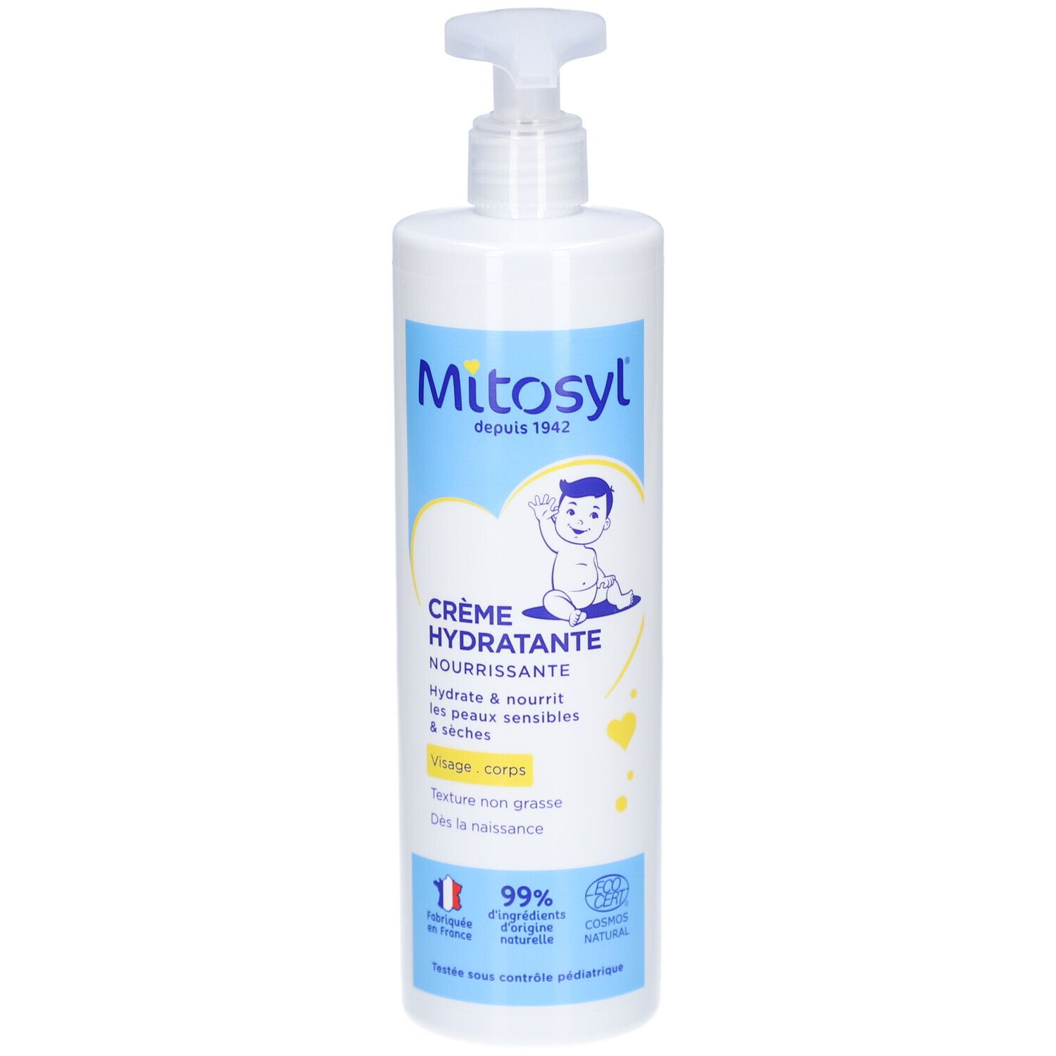 Witte fles met pomp. Opschrift: Mitosyl Crème Hydratante Nourrissante. Bevat een babysymbool en Franse teksten.