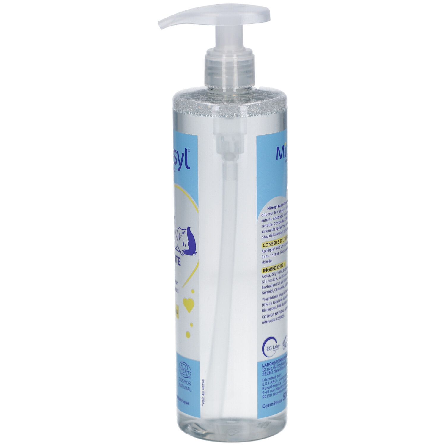 Transparante fles met pomp. Opschrift: Mitosyl, Eau Nettoyante Apaisante. Achterkant met tekst en ingrediënten. COSMOS NATURAL-certificering.