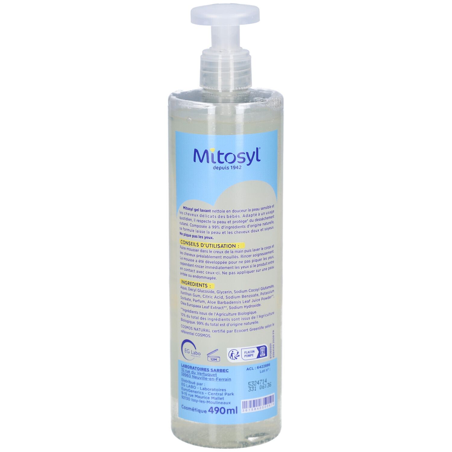 Achterkant van de transparante fles met pomp. Opschrift: Mitosyl. Franse tekst. Ingrediëntenlijst en gebruiksaanwijzing.