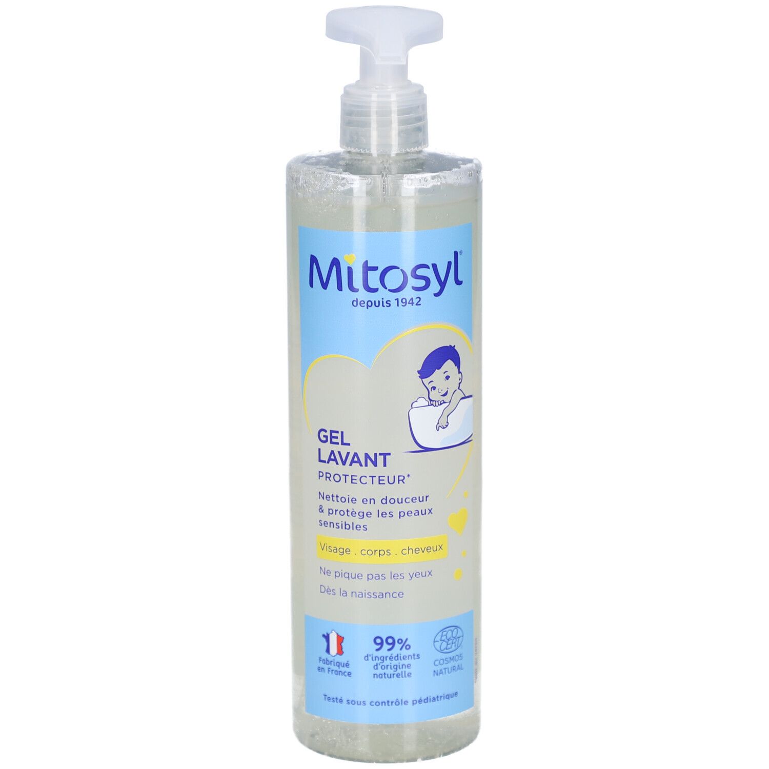Transparante fles met pomp. Opschrift: Mitosyl, Gel Lavant Protecteur. Voor gezicht, lichaam en haar. Baby-illustratie.