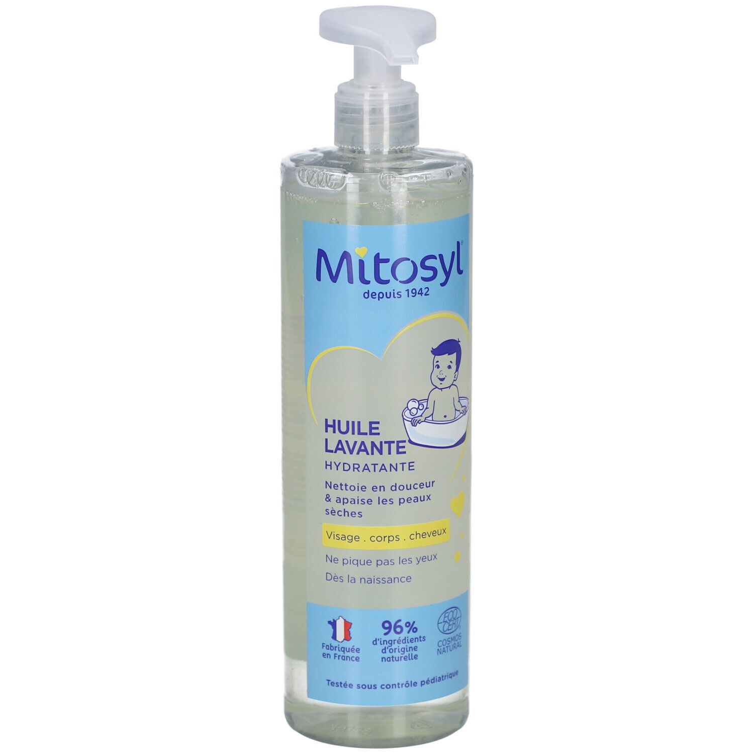 Fles MITOSYL Huile Lavante Hydratante met pomp. Opschrift: gezicht, lichaam, haar. 96% ingrediënten van natuurlijke oorsprong.
