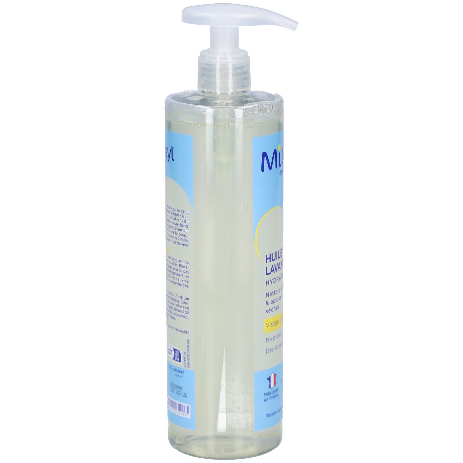 Transparante fles MITOSYL Huile Lavante Hydratante met pomp. Blauwe en witte etiketten met tekst. Zijaanzicht.