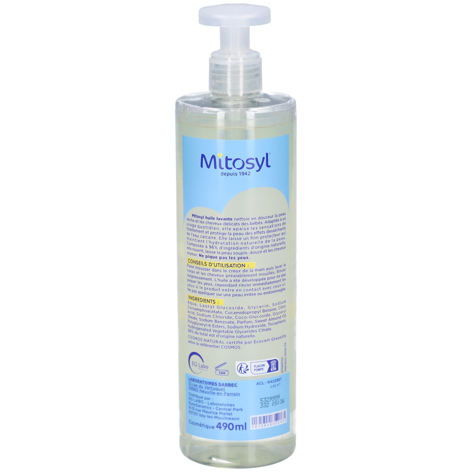 Achterkant van de fles MITOSYL Huile Lavante Hydratante. Tekst, ingrediënten, certificeringen en volume 490ml.