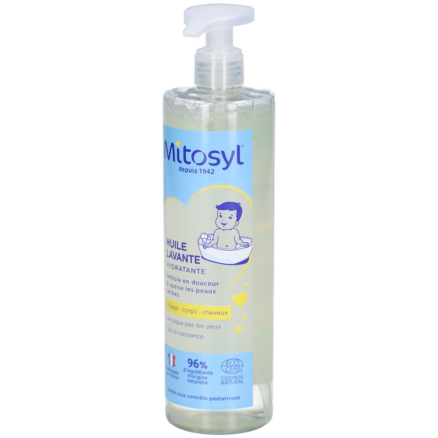 Fles MITOSYL Huile Lavante Hydratante met pomp. Opschrift: gezicht, lichaam, haar. 96% ingrediënten van natuurlijke oorsprong.