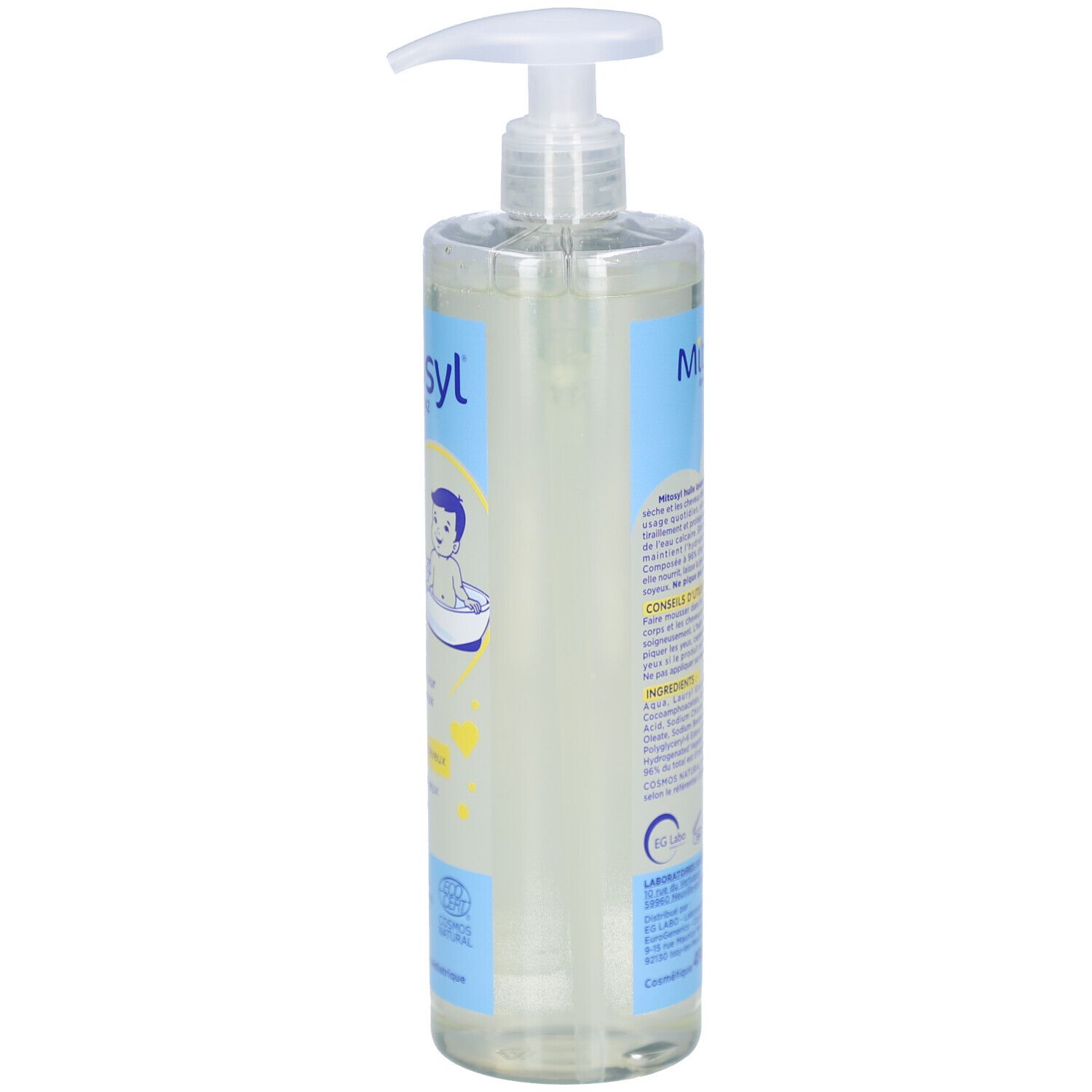 Transparante fles MITOSYL Huile Lavante Hydratante met pomp. Blauwe en witte etiketten met tekst. Zijaanzicht.